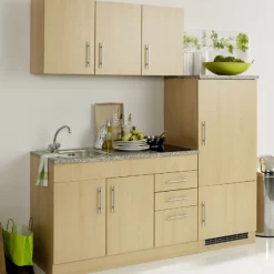 Held Küchenzeile Toto 180cm mit Kochfeld und Kühlschrank - Buche/Marmor