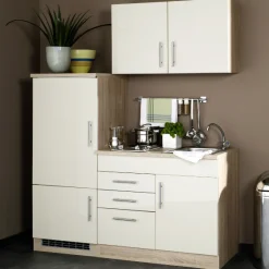 Held Küchenzeile Toto 160cm mit Kochfeld und Kühlschrank - Hochglanz creme
