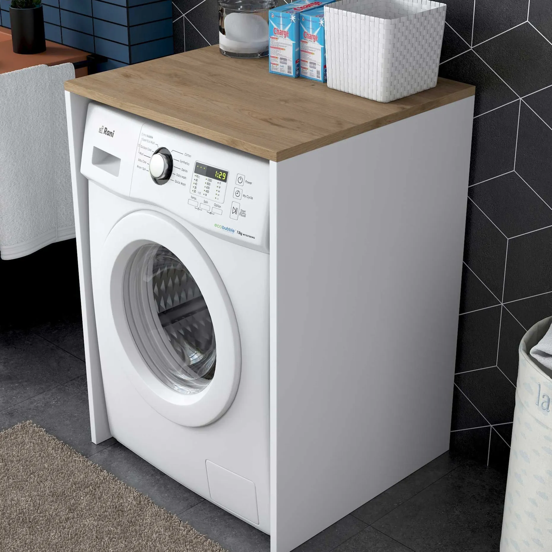 KD103 Waschmaschinenschrank | 100 % MELAMIN | Walnuss, Weiß