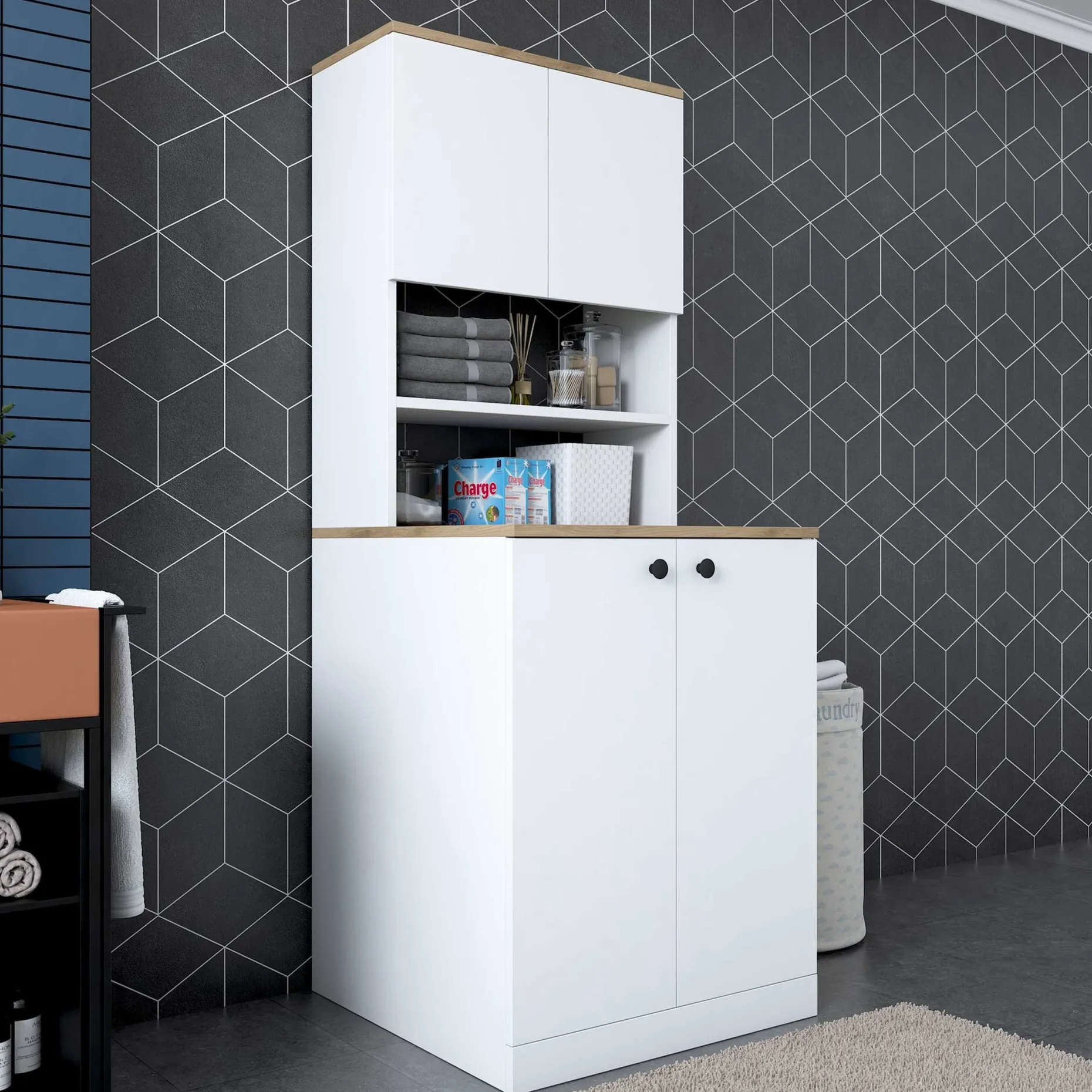 KD102 Waschmaschinenschrank | 100 % MELAMIN | Weiß, Walnuss