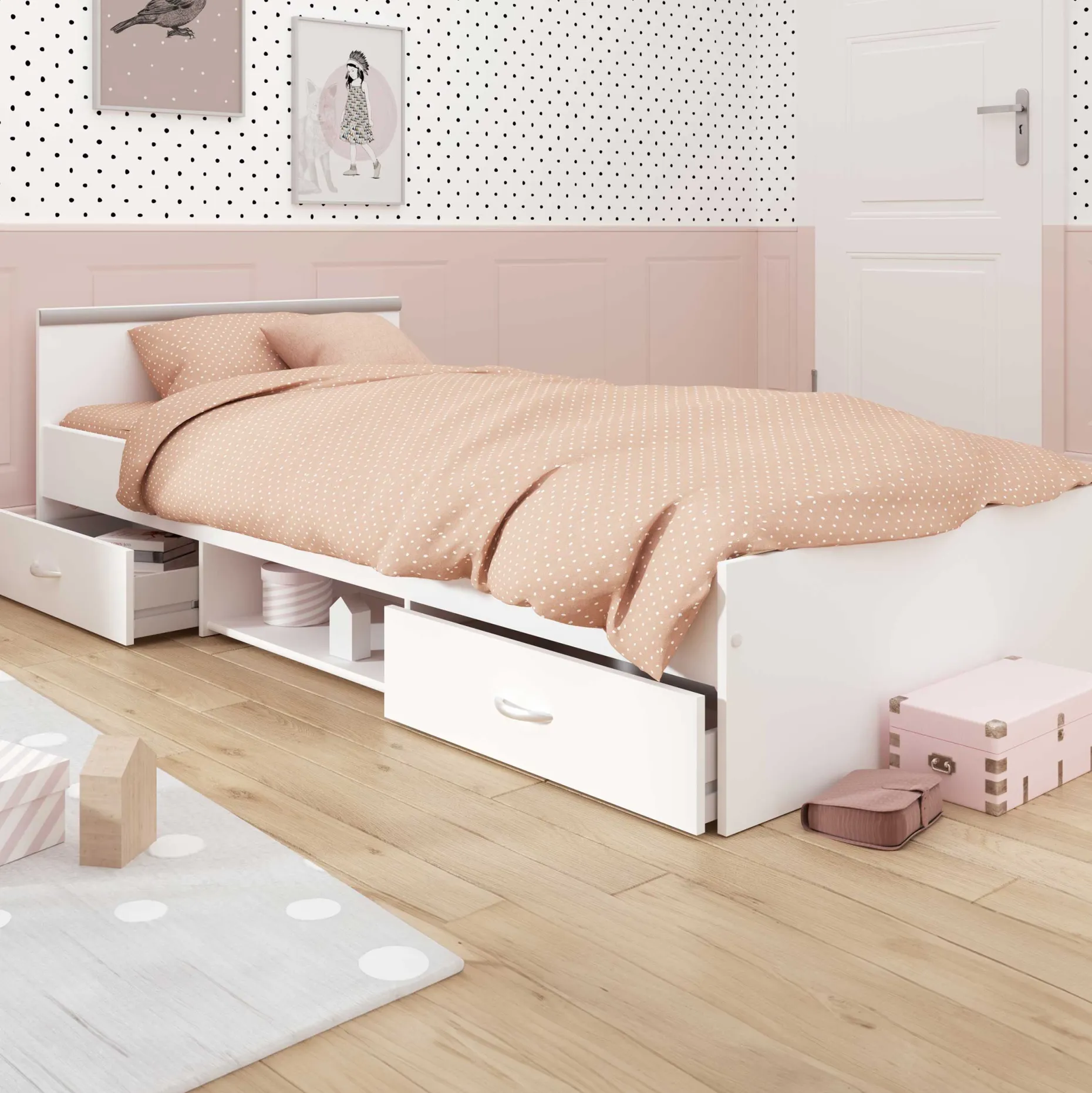 Kinderbett Alma 90x200 mit Stauraum - weiß