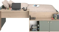 Kinderbett Jada - 90x200cm - mit Schreibtisch und Stauraum - Eichendekor/grün