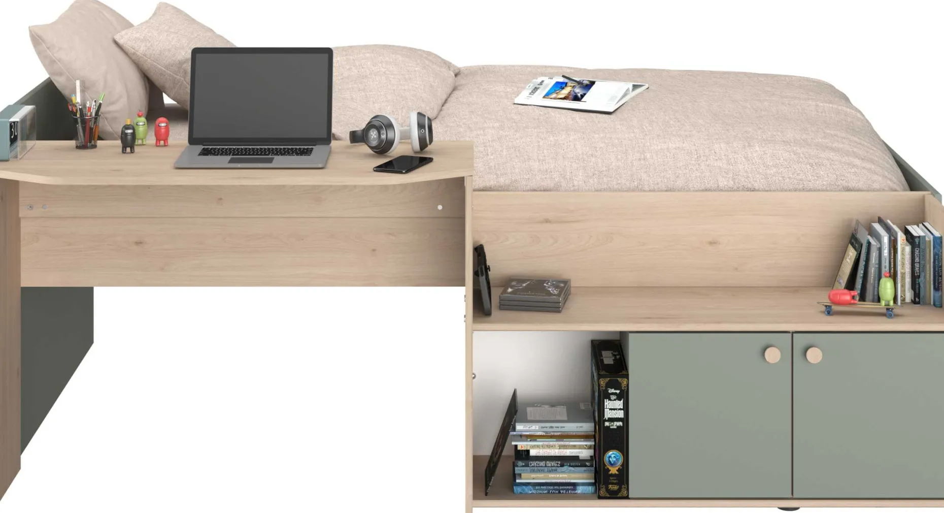 Kinderbett Jada - 90x200cm - mit Schreibtisch und Stauraum - Eichendekor/grün