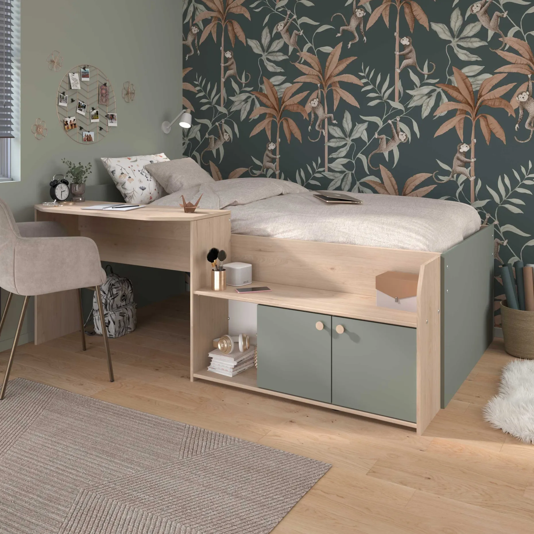 Kinderbett Jada - 90x200cm - mit Schreibtisch und Stauraum - Eichendekor/grün