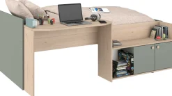 Kinderbett Jada - 90x200cm - mit Schreibtisch und Stauraum - Eichendekor/grün