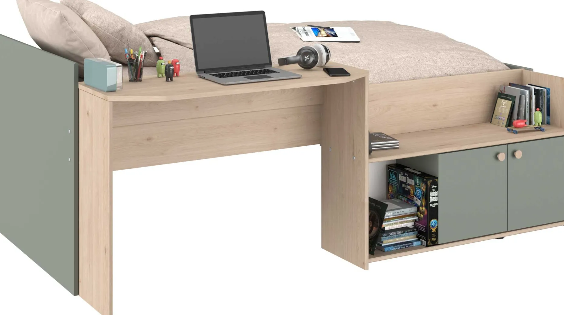 Kinderbett Jada - 90x200cm - mit Schreibtisch und Stauraum - Eichendekor/grün