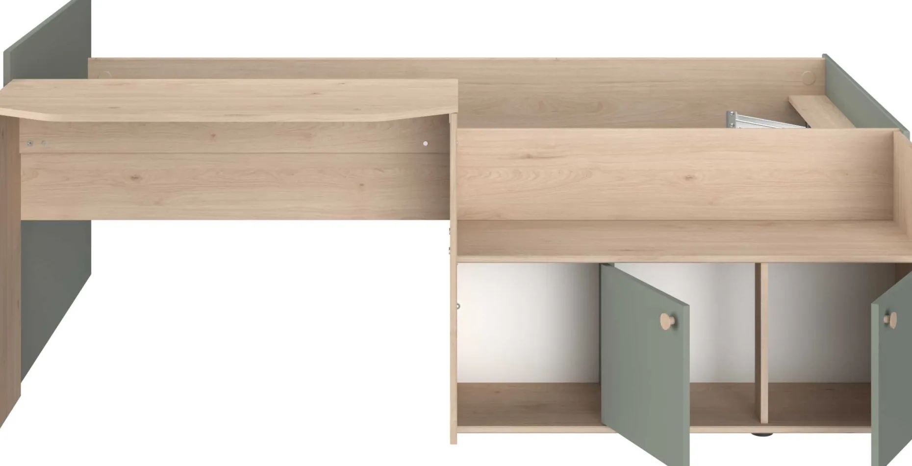 Kinderbett Jada - 90x200cm - mit Schreibtisch und Stauraum - Eichendekor/grün