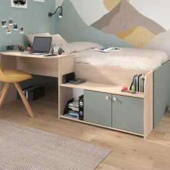 Kinderbett Jada - 90x200cm - mit Schreibtisch und Stauraum - Eichendekor/grün