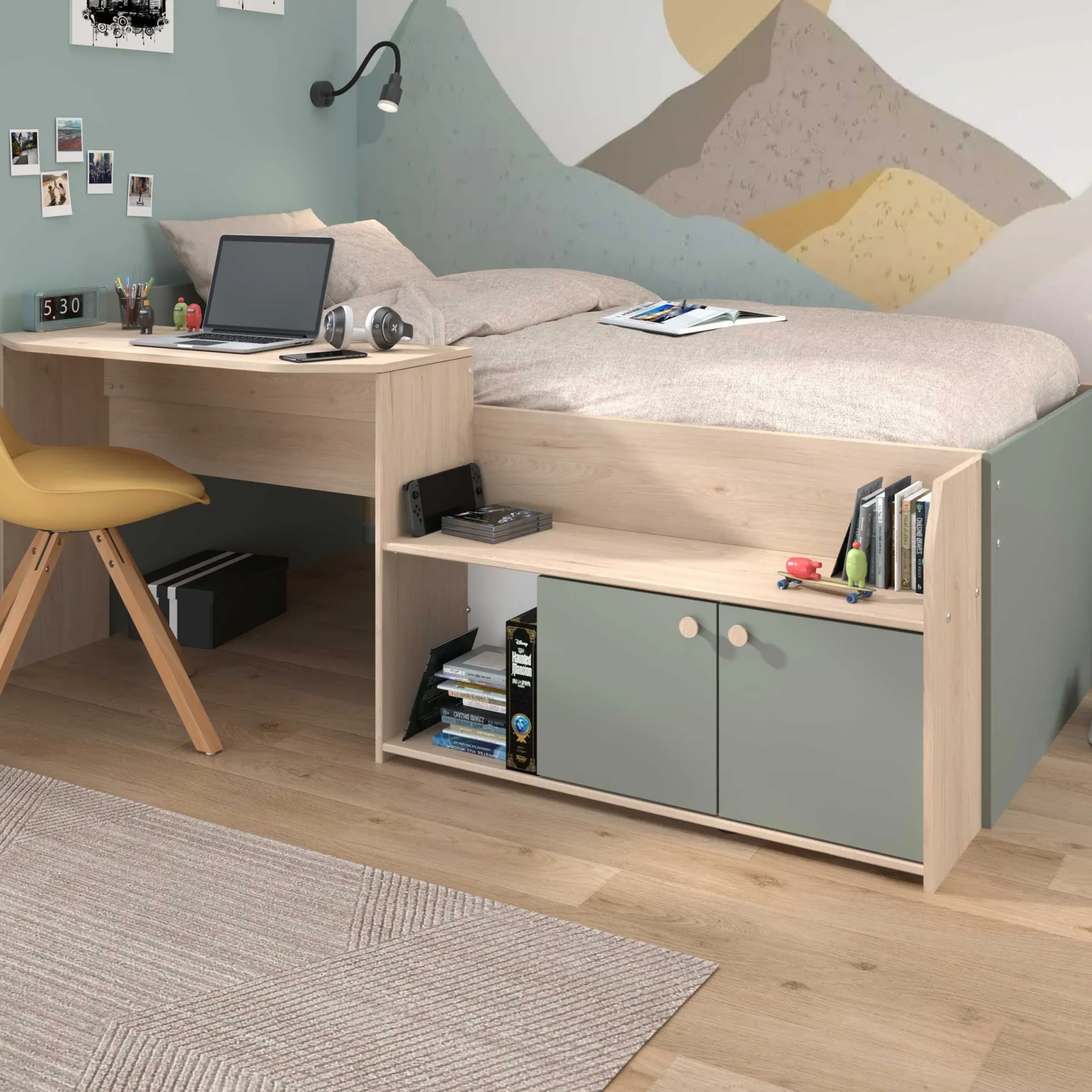 Kinderbett Jada - 90x200cm - mit Schreibtisch und Stauraum - Eichendekor/grün