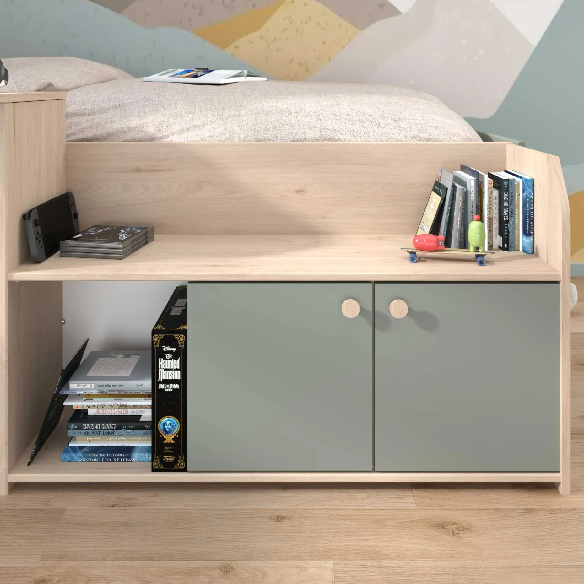 Kinderbett Jada - 90x200cm - mit Schreibtisch und Stauraum - Eichendekor/grün