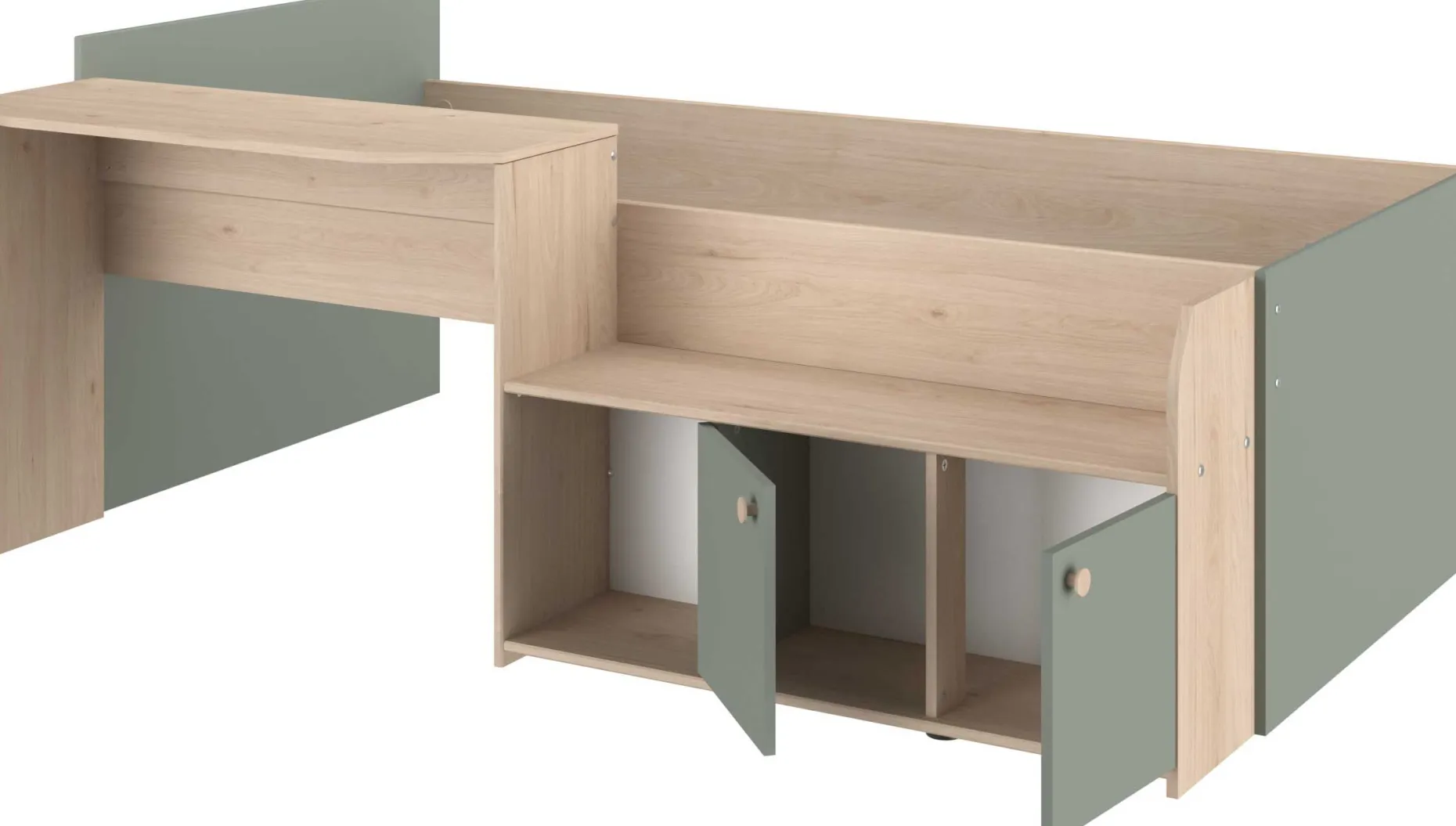 Kinderbett Jada - 90x200cm - mit Schreibtisch und Stauraum - Eichendekor/grün