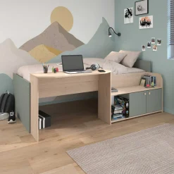 Kinderbett Jada - 90x200cm - mit Schreibtisch und Stauraum - Eichendekor/grün