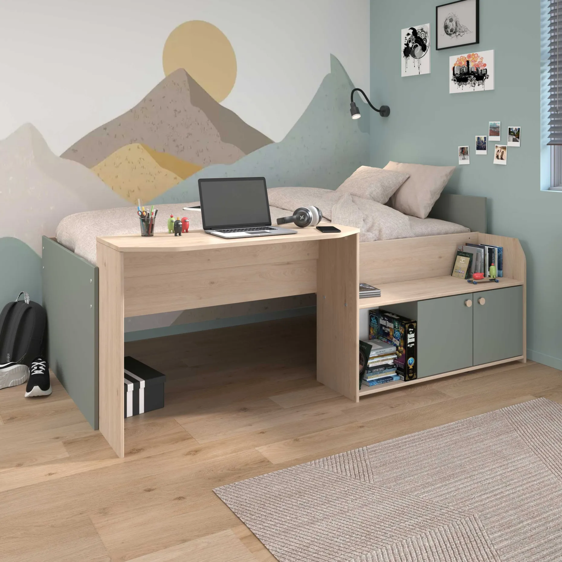 Kinderbett Jada - 90x200cm - mit Schreibtisch und Stauraum - Eichendekor/grün