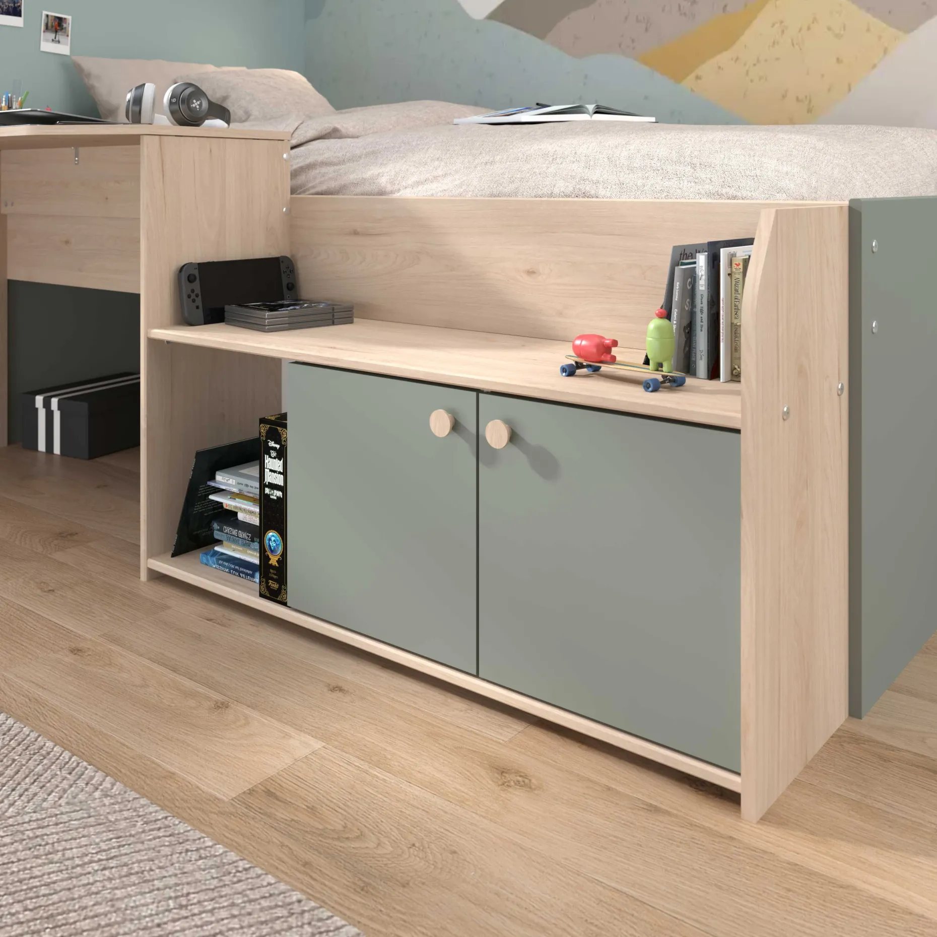Kinderbett Jada - 90x200cm - mit Schreibtisch und Stauraum - Eichendekor/grün