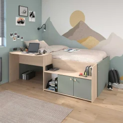 Kinderbett Jada - 90x200cm - mit Schreibtisch und Stauraum - Eichendekor/grün