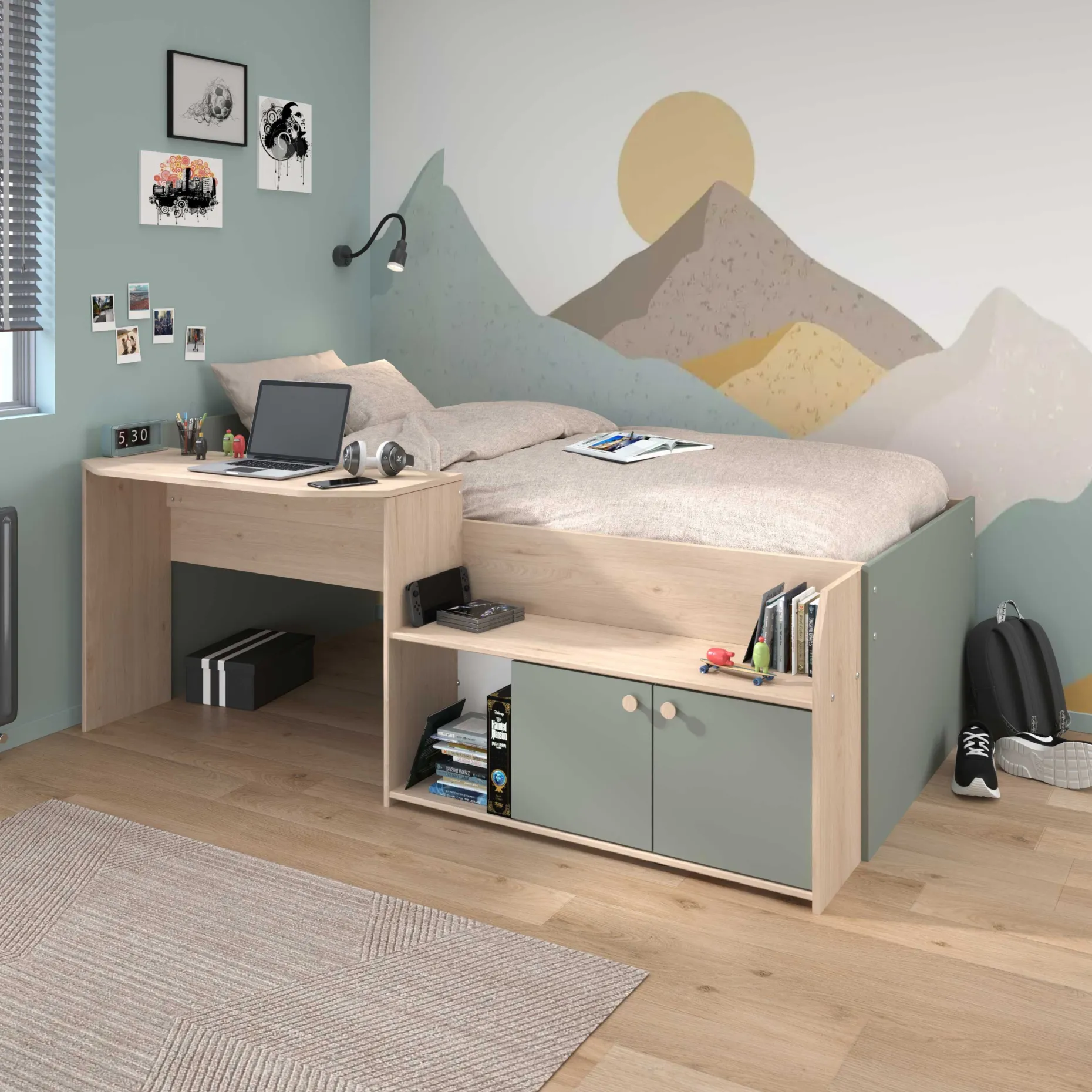 Kinderbett Jada - 90x200cm - mit Schreibtisch und Stauraum - Eichendekor/grün