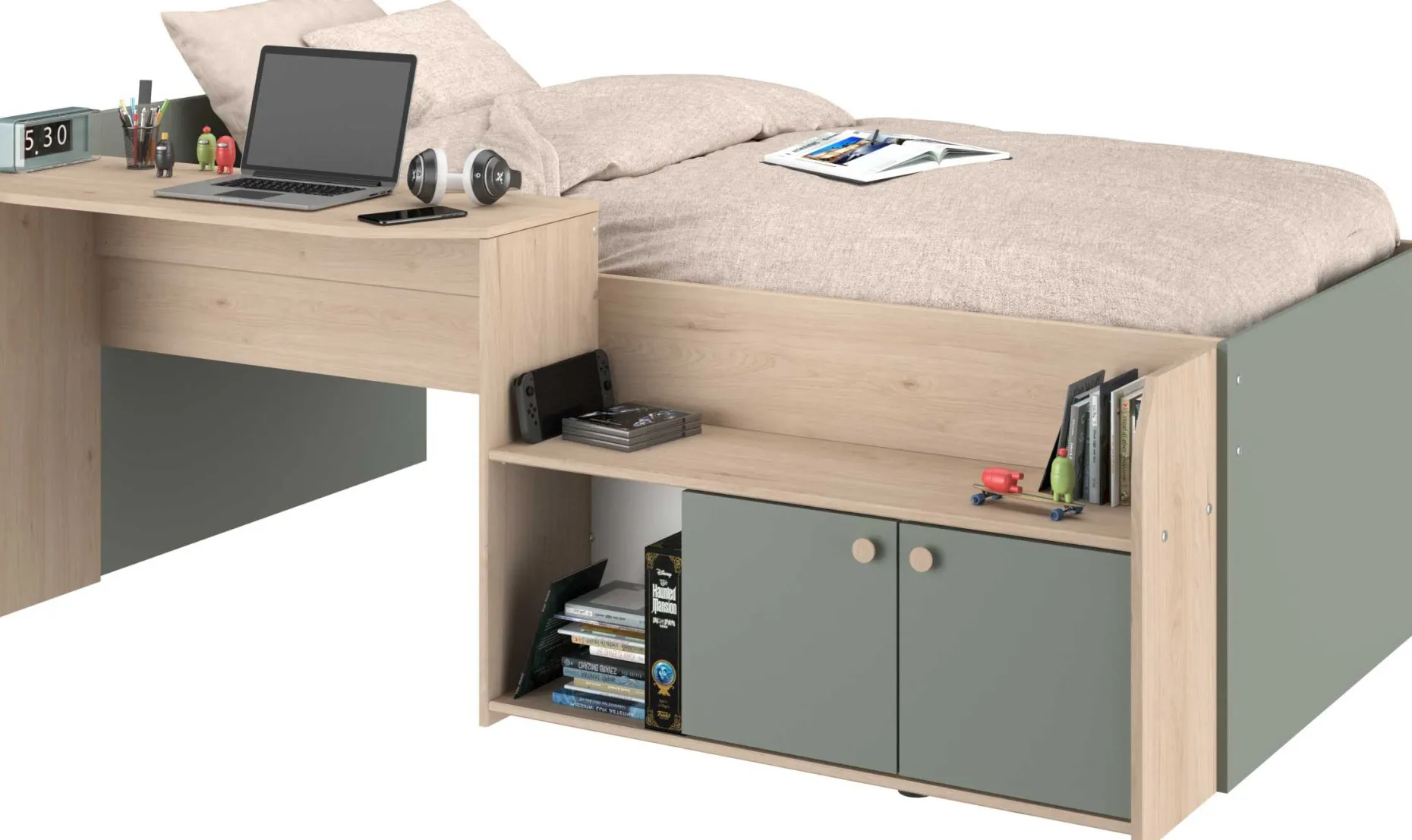 Kinderbett Jada - 90x200cm - mit Schreibtisch und Stauraum - Eichendekor/grün