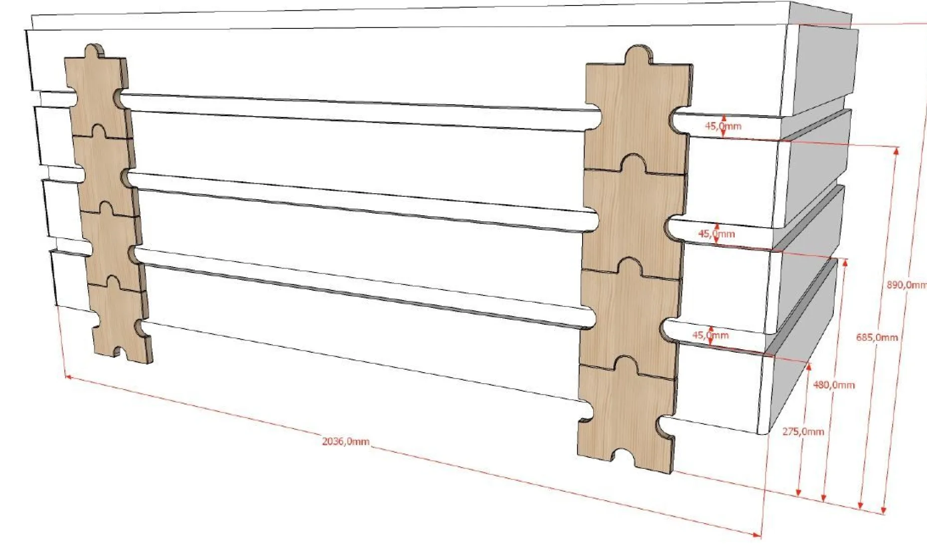 Kinderbett Modulo Puzzle 90x200 stapelbar 4er-Set - anthrazit/Kiefer