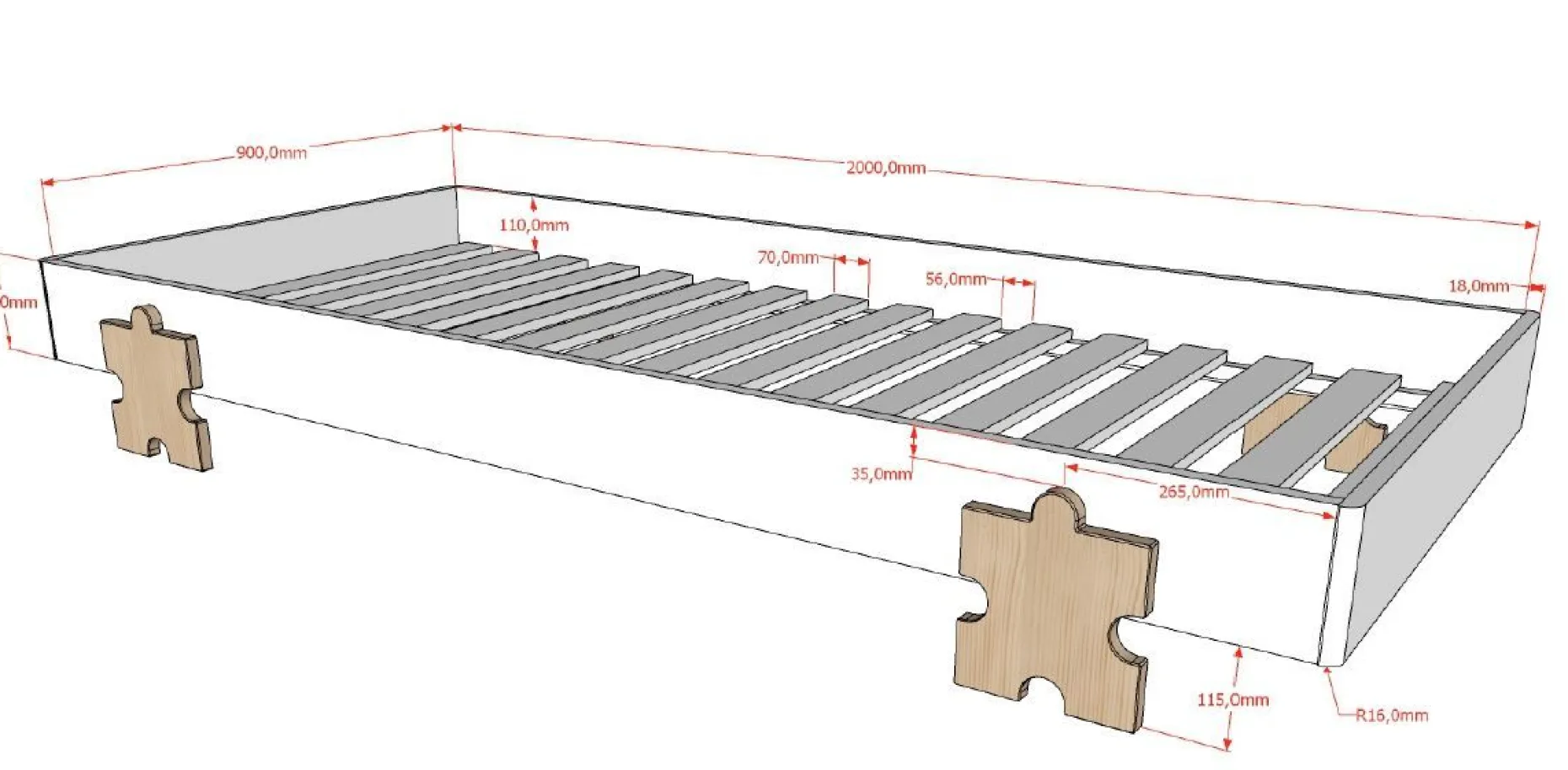 Kinderbett Modulo Puzzle 90x200 stapelbar 2er-Set - weiß/Kieferholz