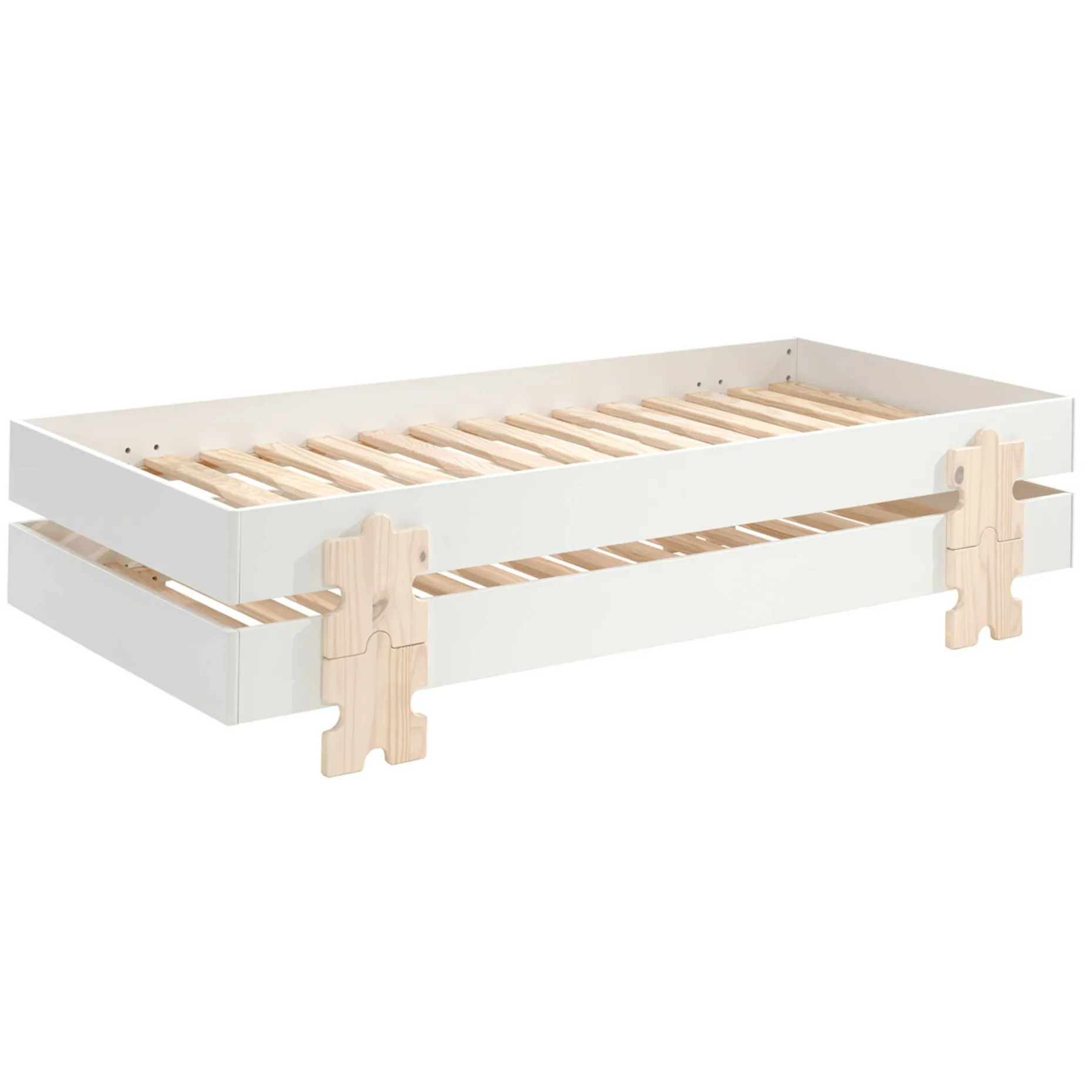 Kinderbett Modulo Puzzle 90x200 stapelbar 2er-Set - weiß/Kieferholz