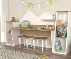 Kinder Emob Kinderschreibtisch Yuna - mit Stauraum - mit Hockern - weiß/Eiche Dekor