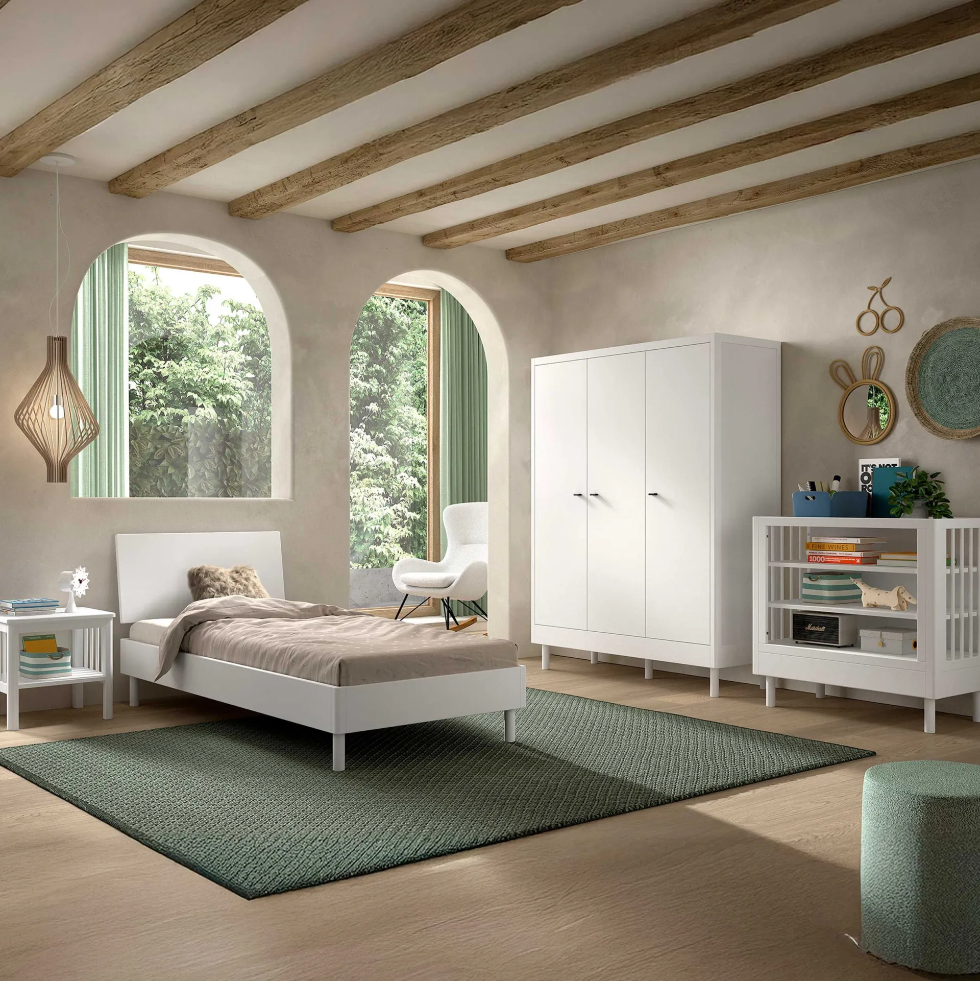 Kinder Vipack Kinderzimmer Forrest: Nachttisch, Bett 90x200, Kleiderschrank, Regal - buche