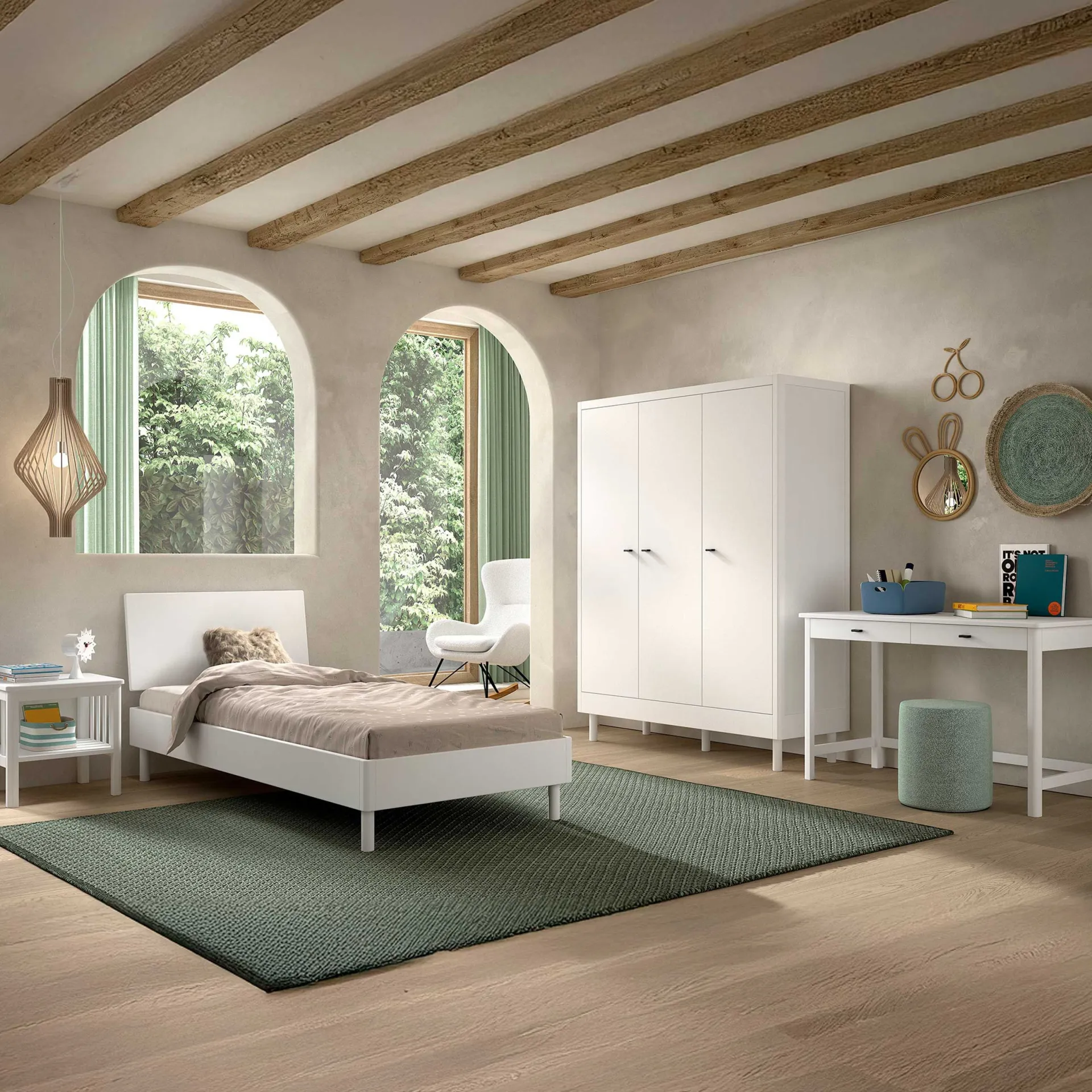 Kinder Vipack Kinderzimmer Forrest: Nachttisch, Bett 90x200, Kleiderschrank, Schreibtisch - buche