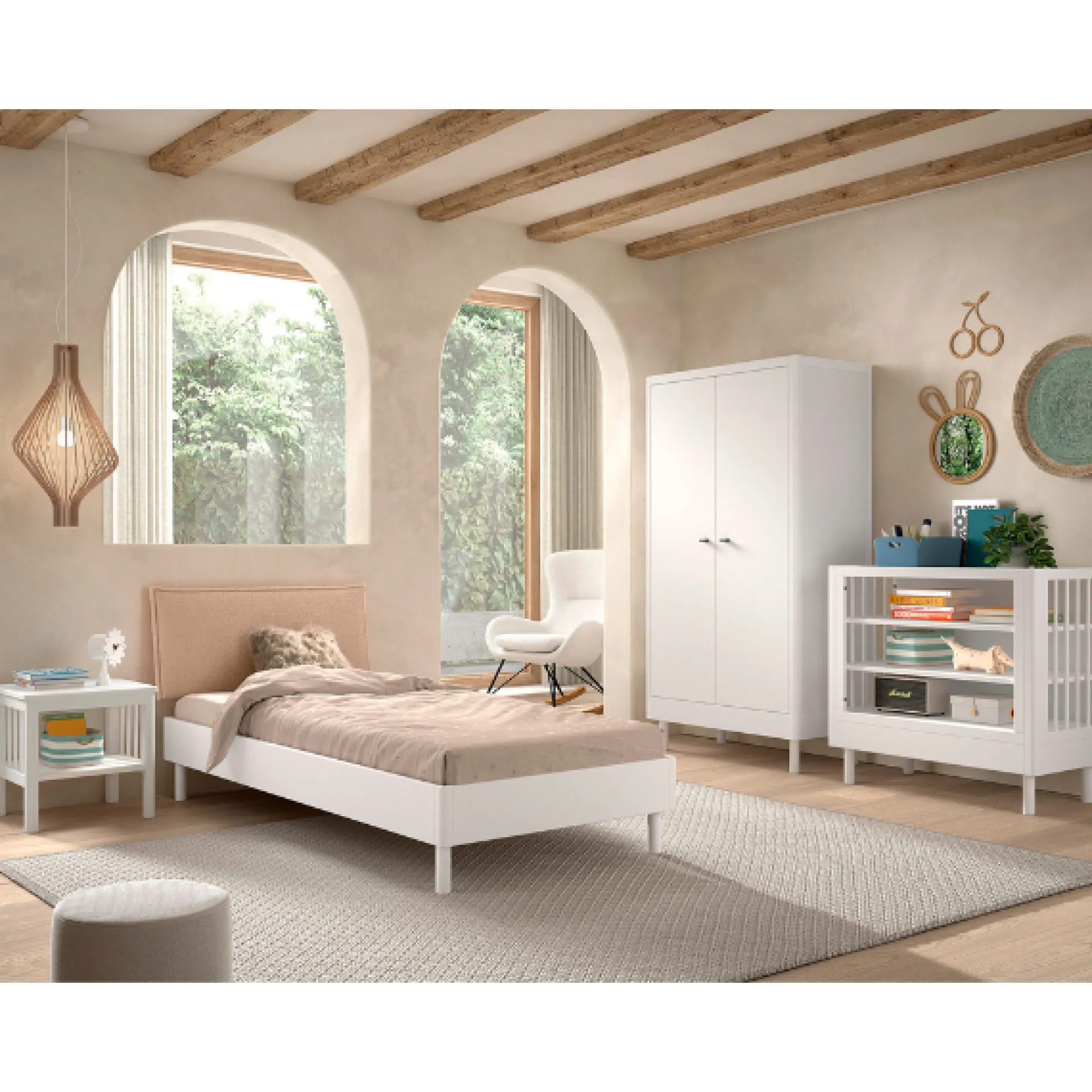 Kinder Vipack Kinderzimmer Forrest: Nachttisch, Bett 90x200, Kleiderschrank, Regal - buche