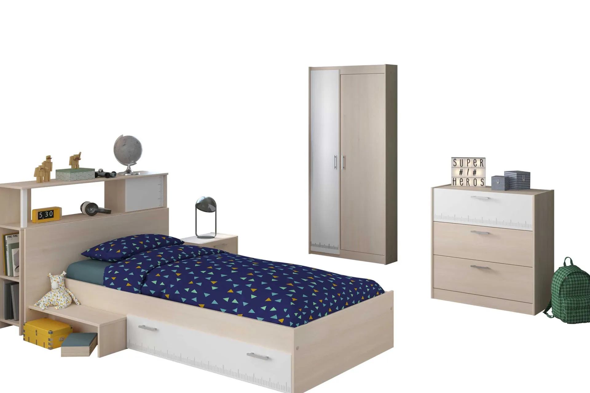 Kinder Parisot Kinderzimmerkombination Charly 90x200 | Kinderbett, Rückenteil, Nachttisch, Kleiderschrank, Kommode