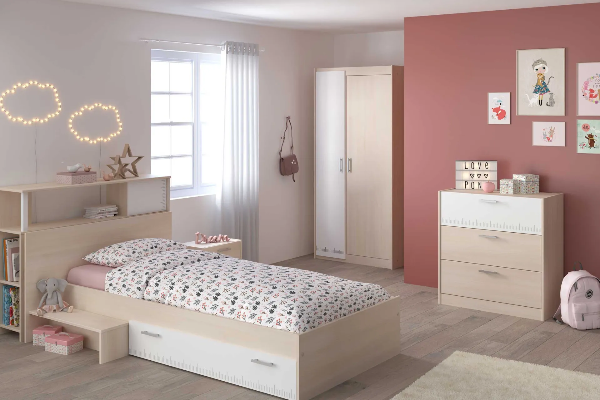 Kinder Parisot Kinderzimmerkombination Charly 90x200 | Kinderbett, Rückenteil, Nachttisch, Kleiderschrank, Kommode