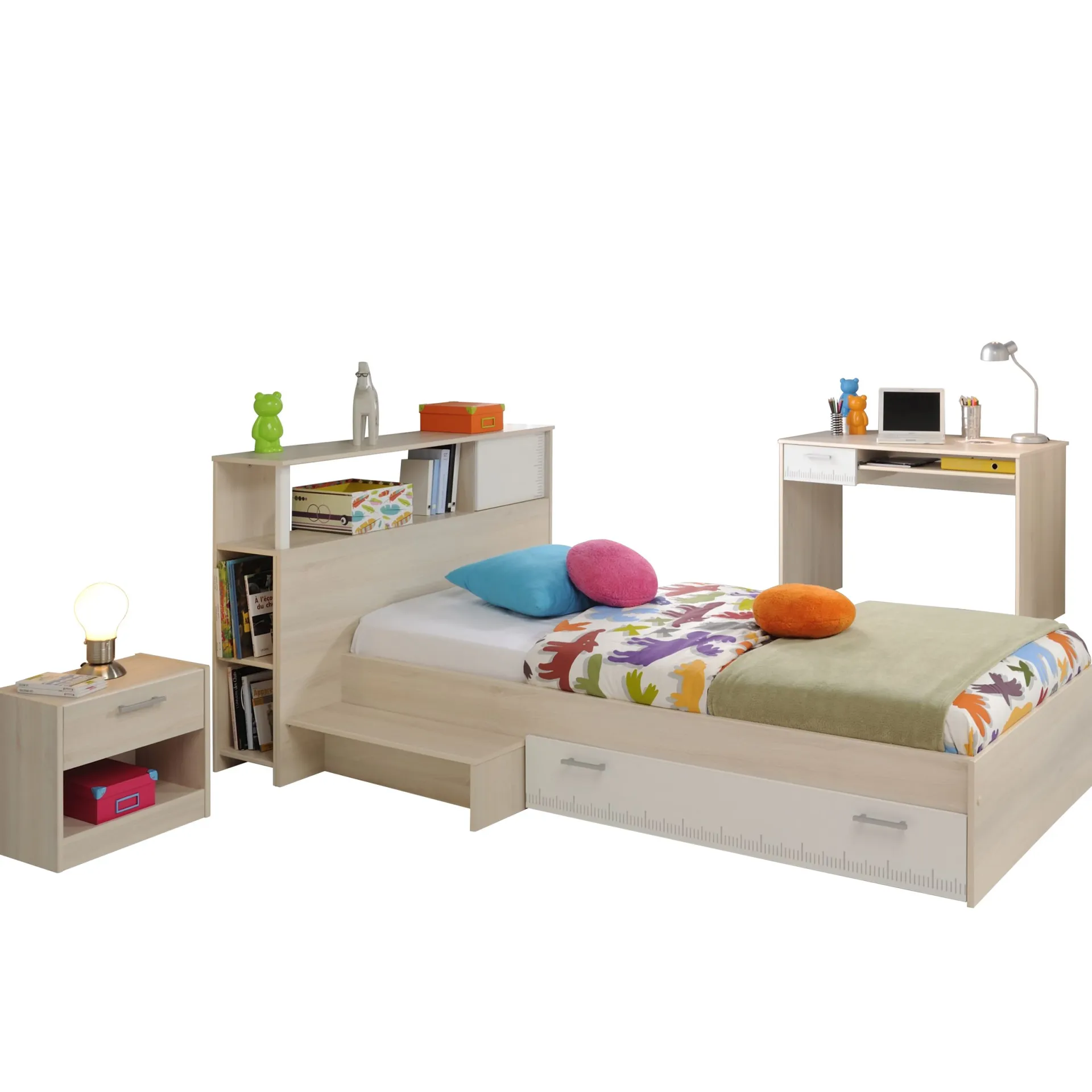 Kinder Parisot Kinderzimmerkombination Charly 90x200 | Kinderbett, Rückwand, Nachttisch, Schreibtisch