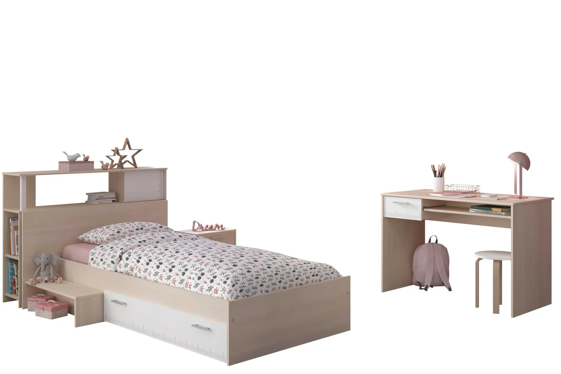 Kinder Parisot Kinderzimmerkombination Charly 90x200 | Kinderbett, Rückwand, Nachttisch, Schreibtisch