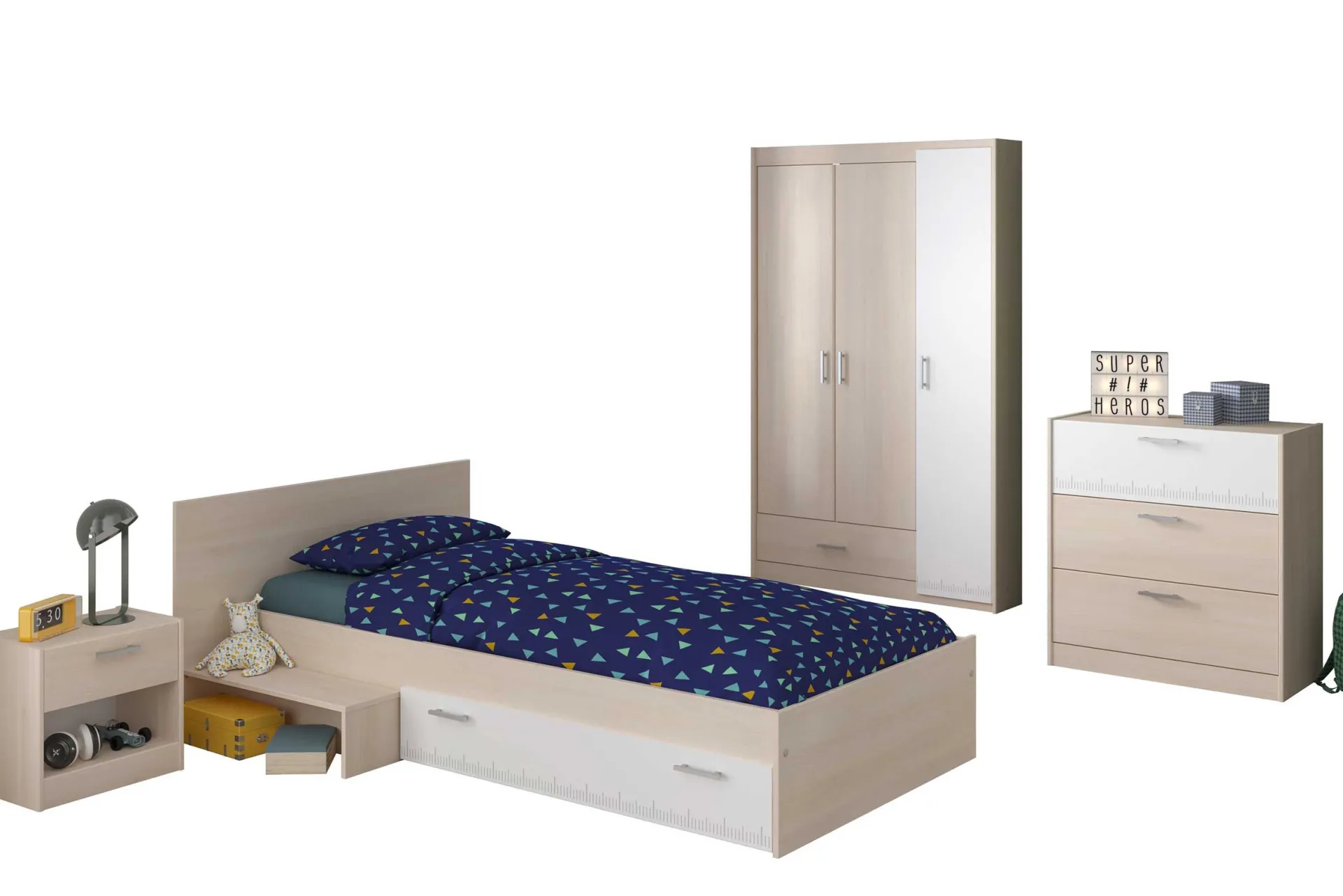 Kinder Parisot Kinderzimmerkombination Charly 90x200 | Kinderbett, Nachttisch, Kleiderschrank, Kommode