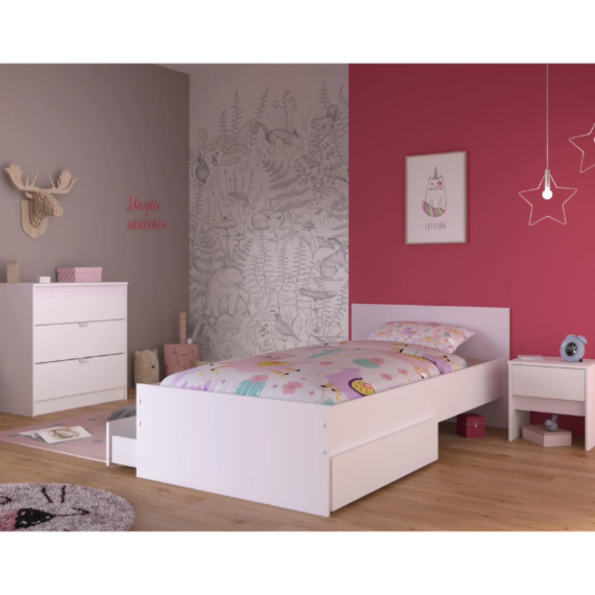 Kinder Parisot Kinderzimmer Rue | Einzelbett, Nachttischgarnitur, Nachttisch, Kommode
