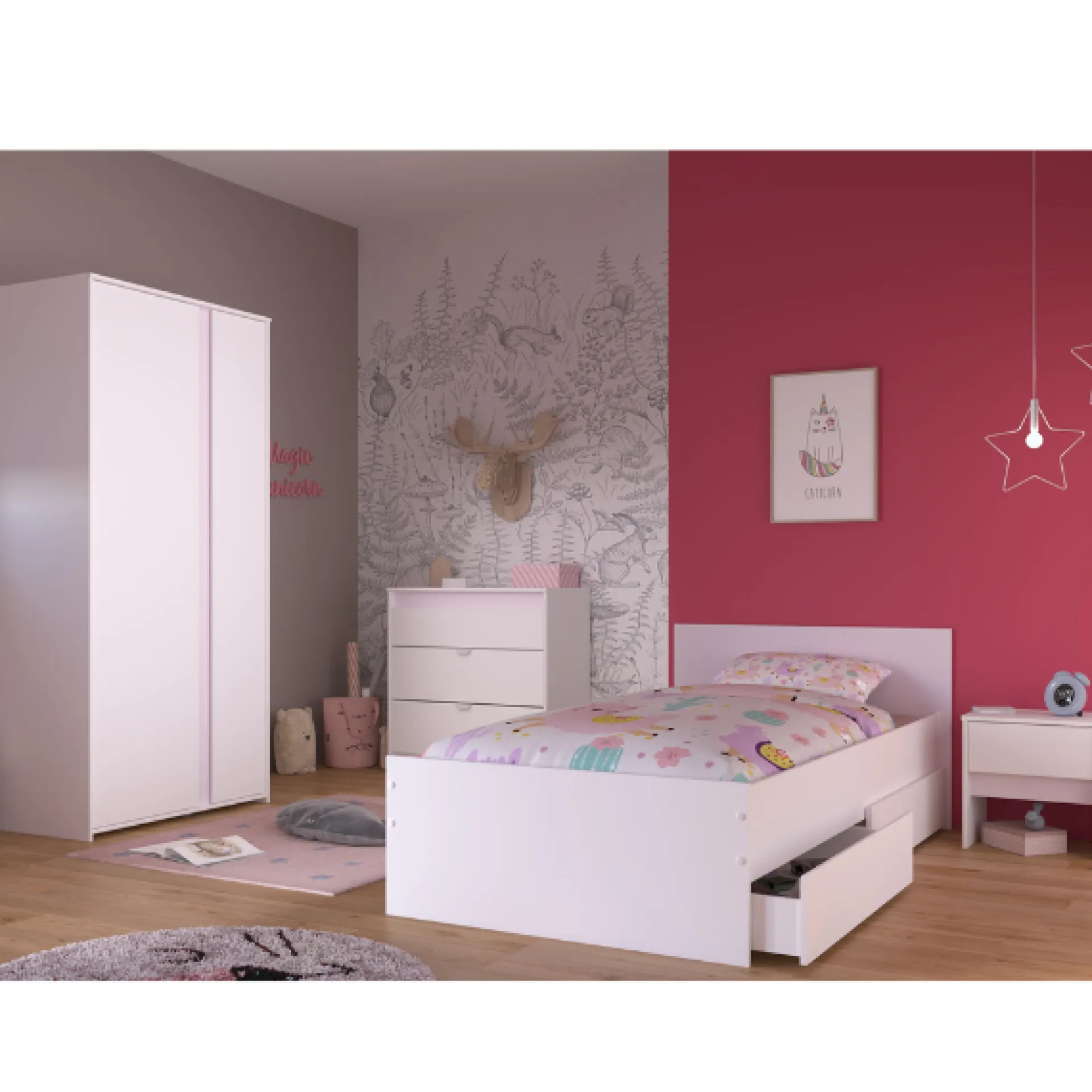 Kinder Parisot Kinderzimmer Rue | Einzelbett, Nachttisch-Set, Nachttisch, Kleiderschrank, Kommode