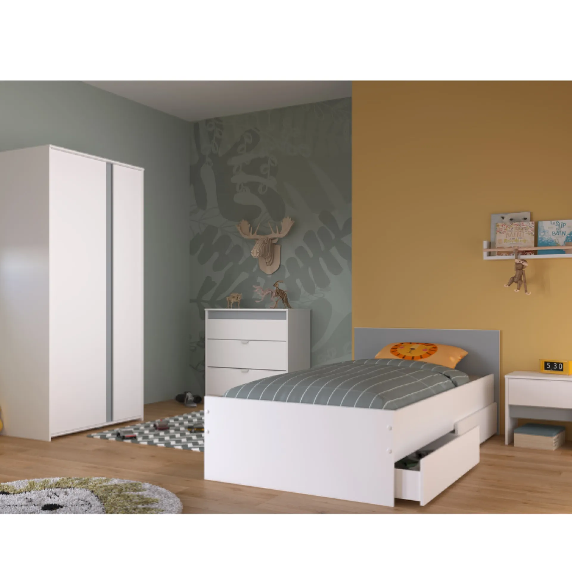 Kinder Parisot Kinderzimmer Rue | Einzelbett, Nachttisch-Set, Nachttisch, Kleiderschrank, Kommode