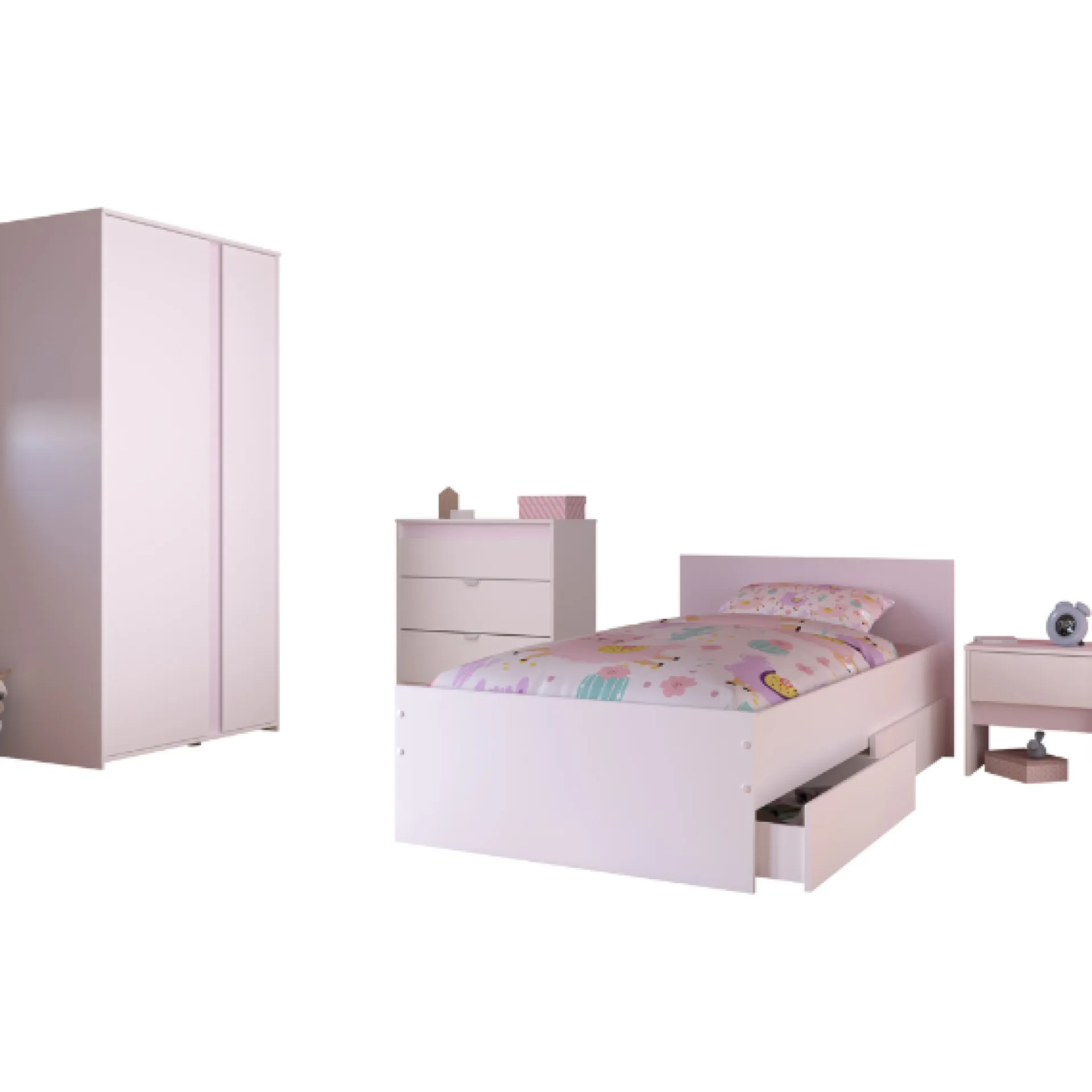 Kinder Parisot Kinderzimmer Rue | Einzelbett, Nachttisch-Set, Nachttisch, Kleiderschrank, Kommode