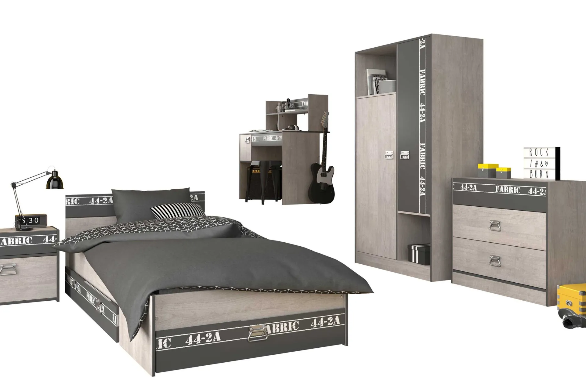 Kinder Parisot Kinderzimmer-Set Fabric | Kinderbett, Bettschubladen-Set, Nachttisch, Kleiderschrank, Kommode, Schreibtisch