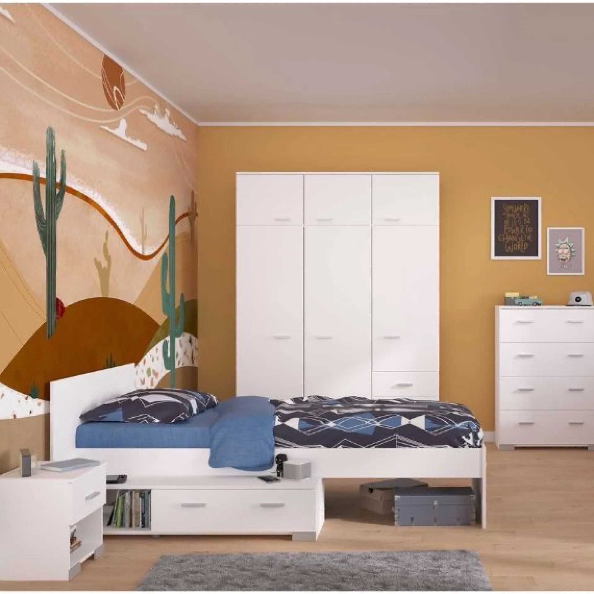 Kinder Parisot Kinderzimmer-Set Galaxy | Einzelbett, Kommode, Kleiderschrank, Nachttisch |