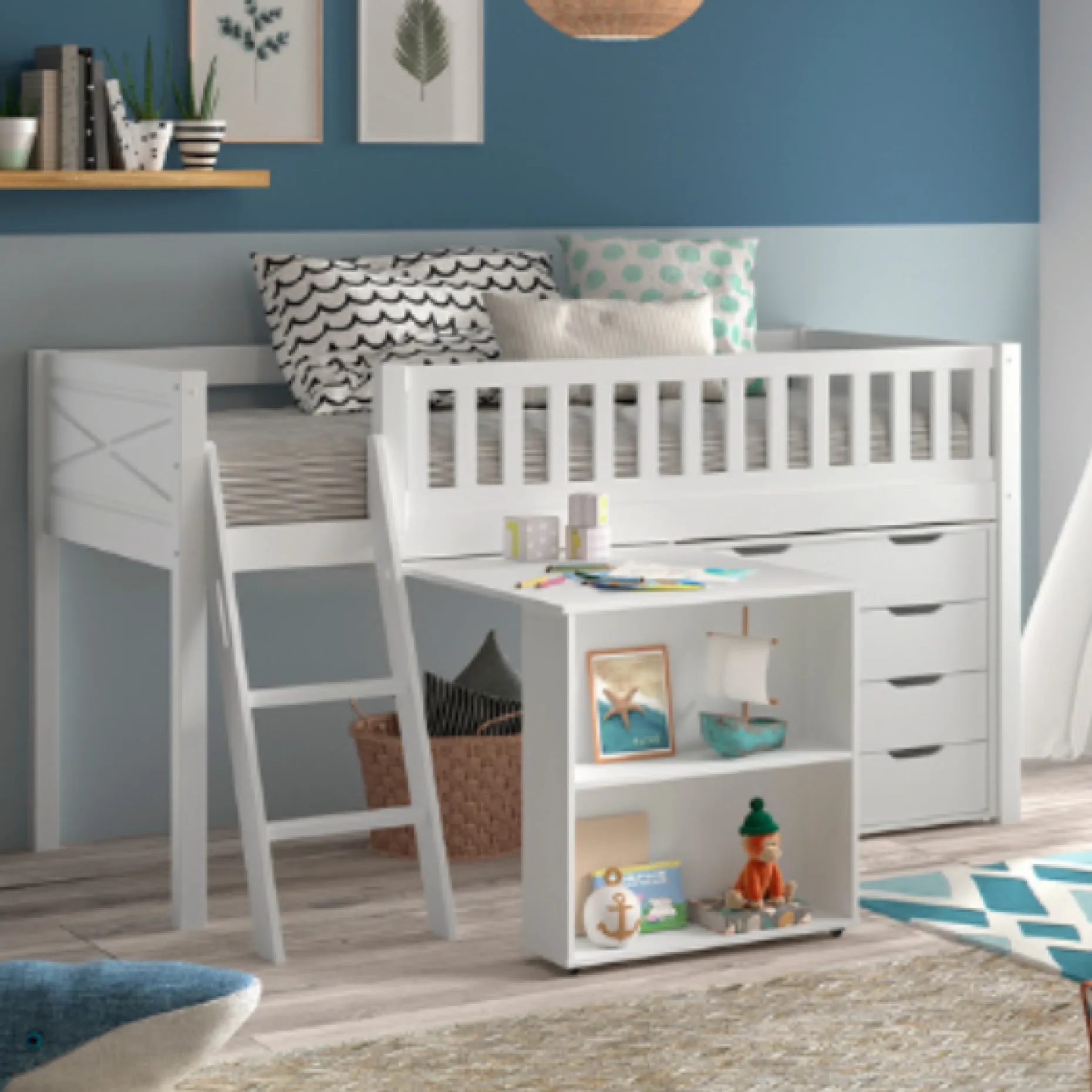 Kinderzimmer-Set Scott - Halbhochbett, Kommode & Schreibtisch - Weiß