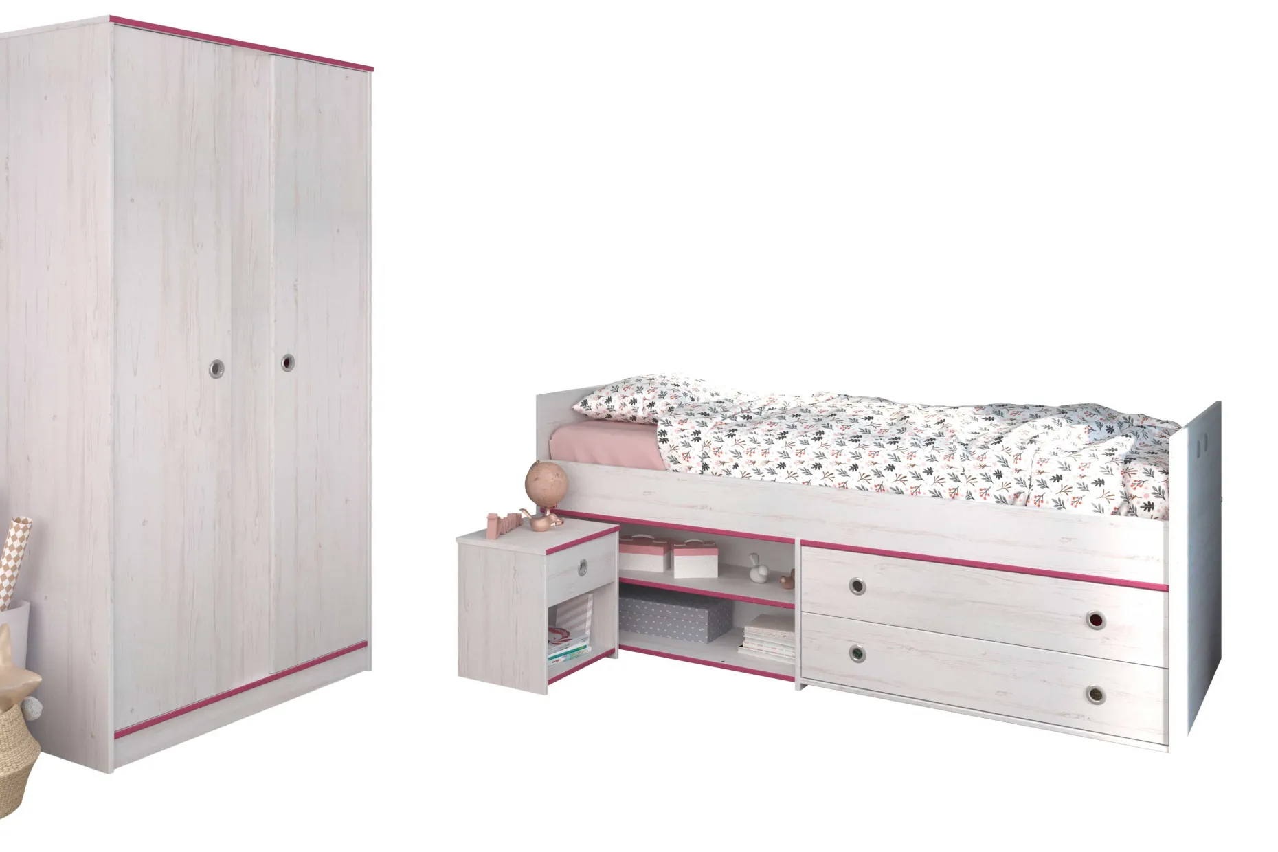 Kinderzimmer-Set Smoozy | Kinderbett, Kleiderschrank und Nachttisch | Weiß