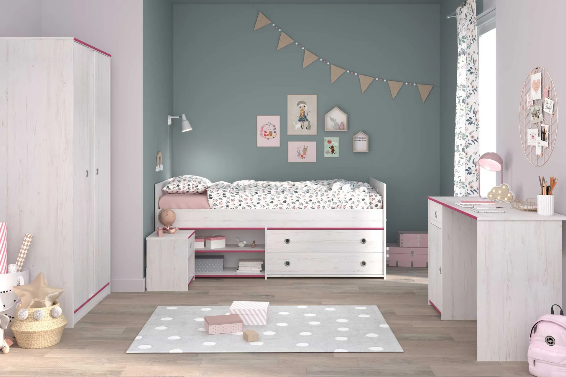 Kinder Parisot Kinderzimmer-Set Smoozy | Kinderbett, Schreibtisch, Nachttisch, Kleiderschrank |