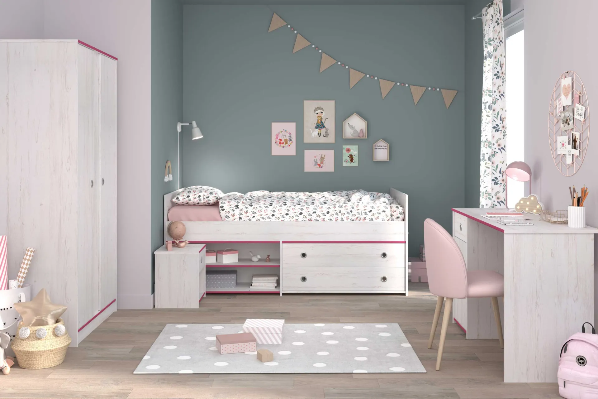 Kinder Parisot Kinderzimmer-Set Smoozy | Kinderbett, Schreibtisch, Nachttisch, Kleiderschrank |