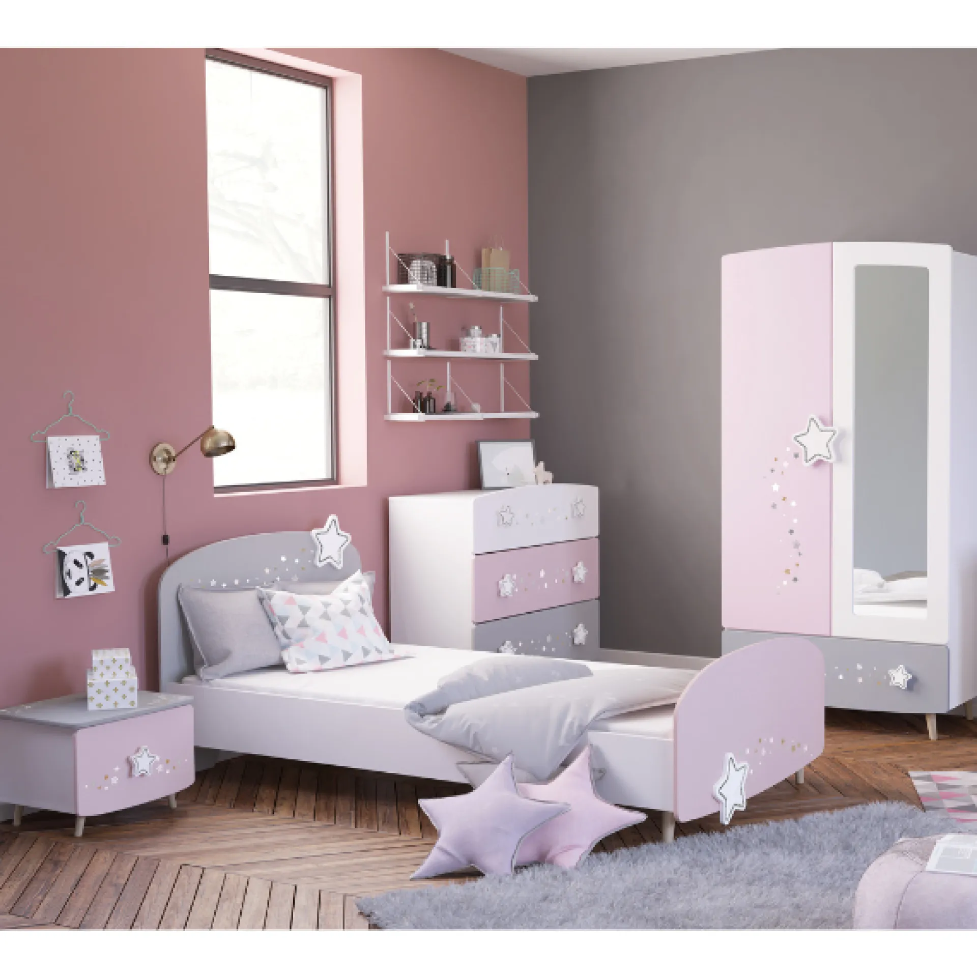Kinder CBA Kinderzimmer Stellar: Bett 90x190cm, Nachttisch, Kommode, Kleiderschrank