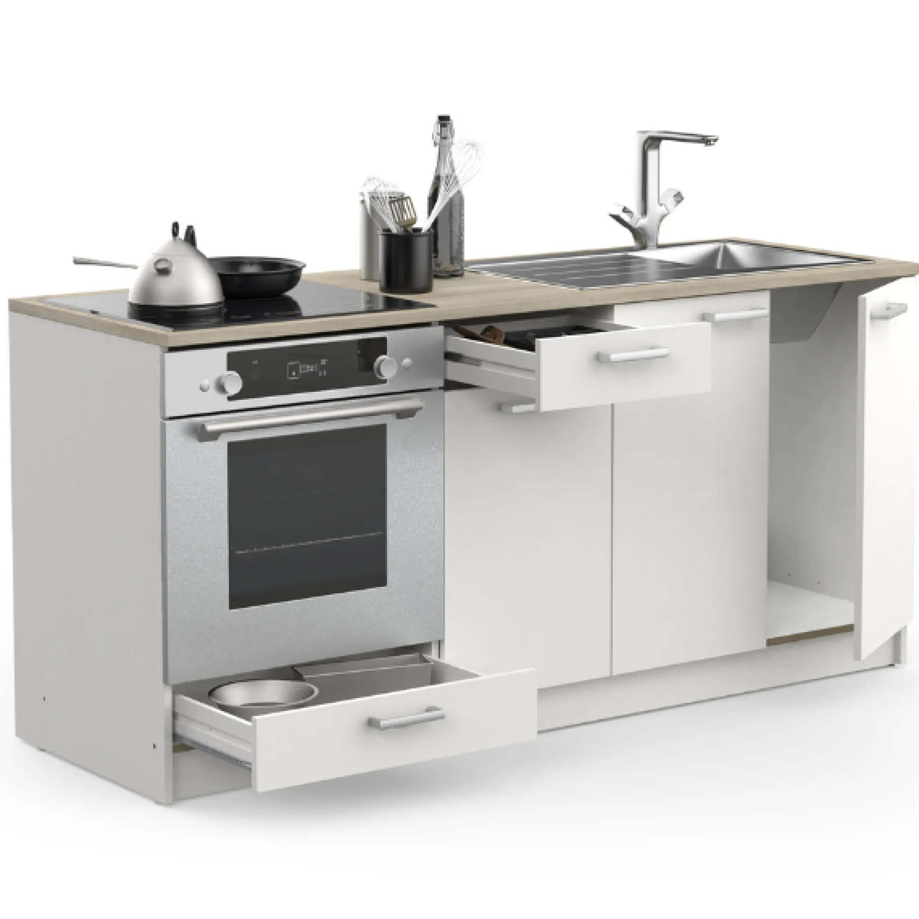 Kitchenette Chef - Oberschrank, Unterschränke für Backofen, Spüle und Kochfeld - Weiß/MDF