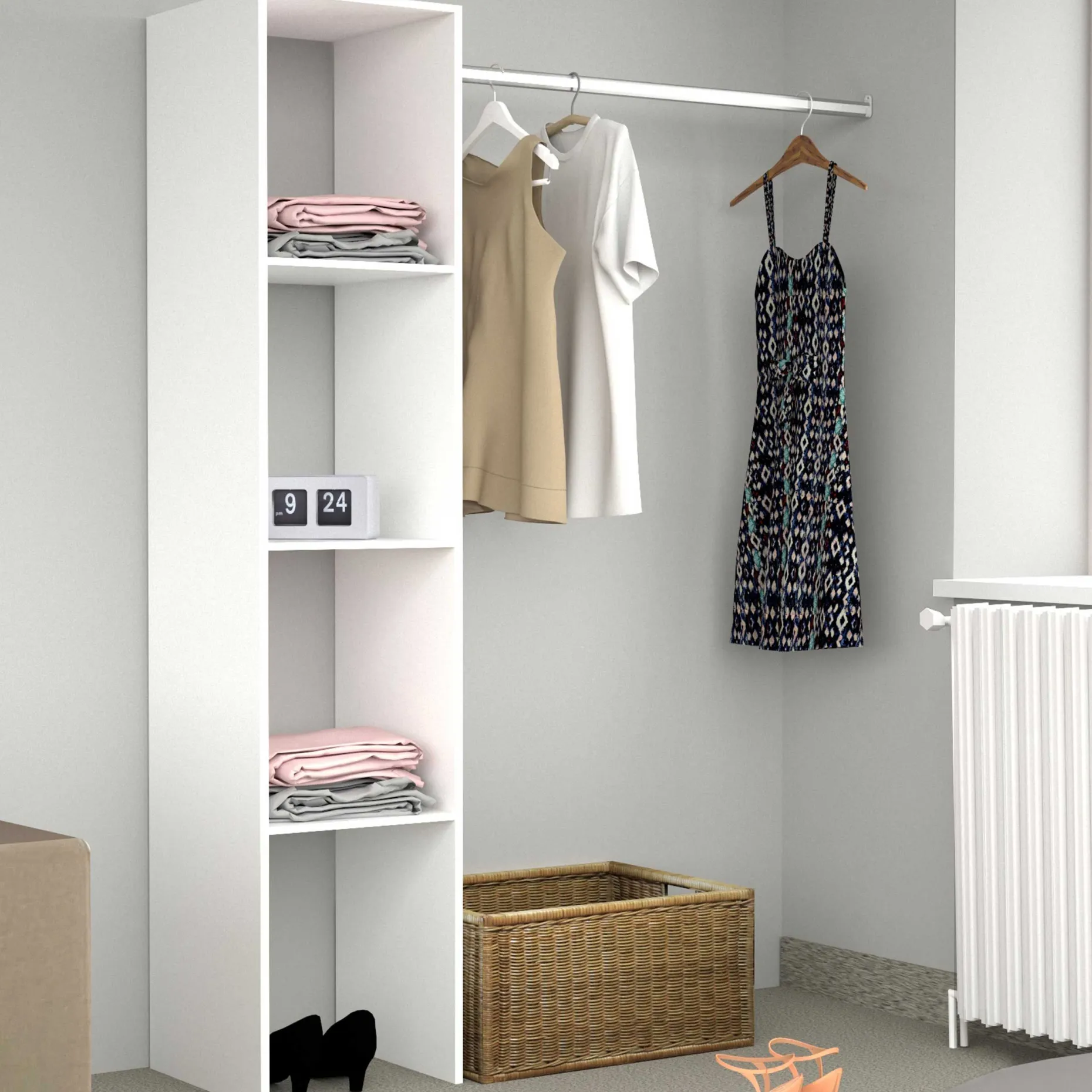 Kleiderschrank Botan A - 138cm, 3 Einlegeböden und 1 Kleiderstange - weiß