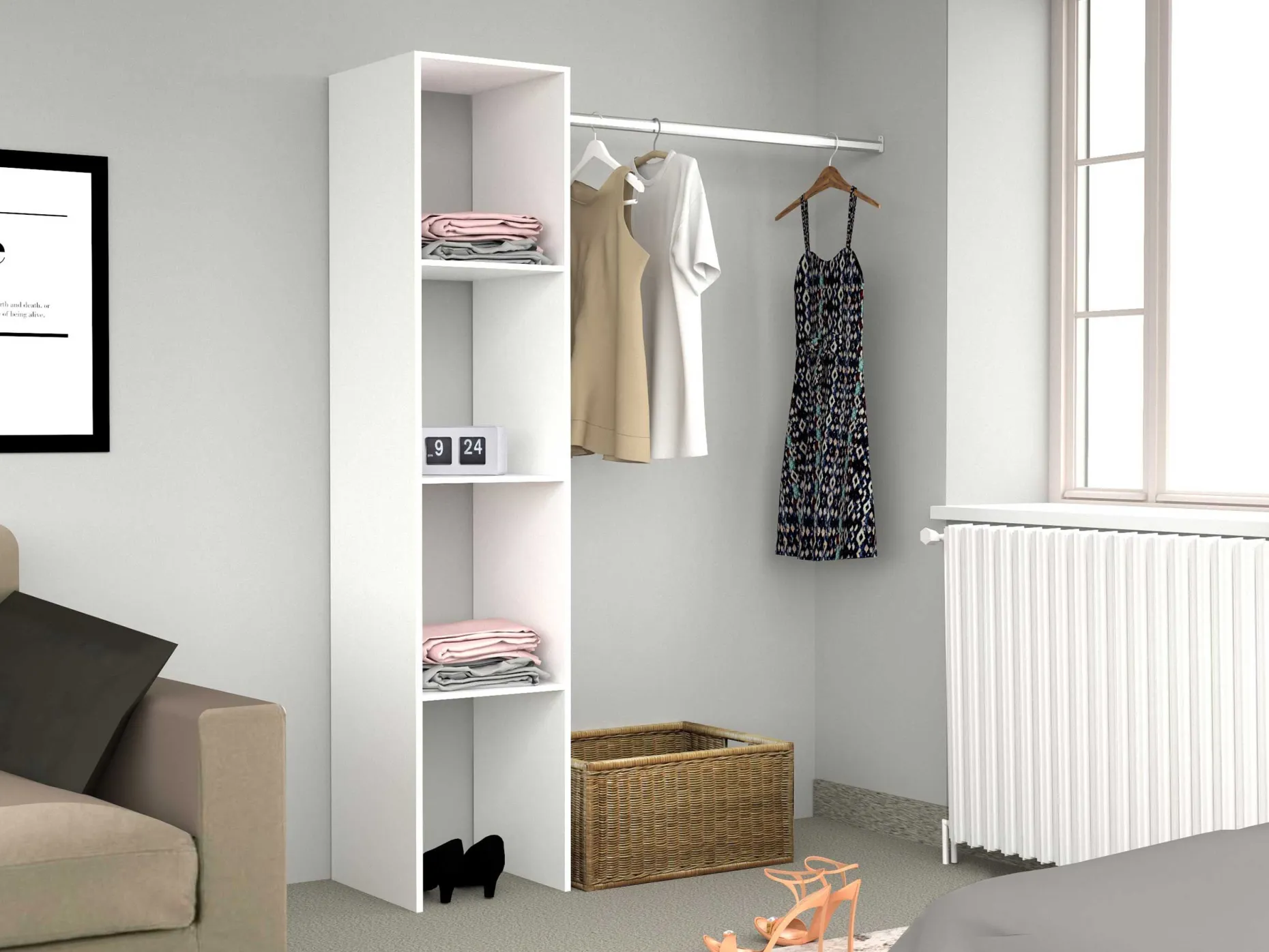 Kleiderschrank Botan A - 138cm, 3 Einlegeböden und 1 Kleiderstange - weiß