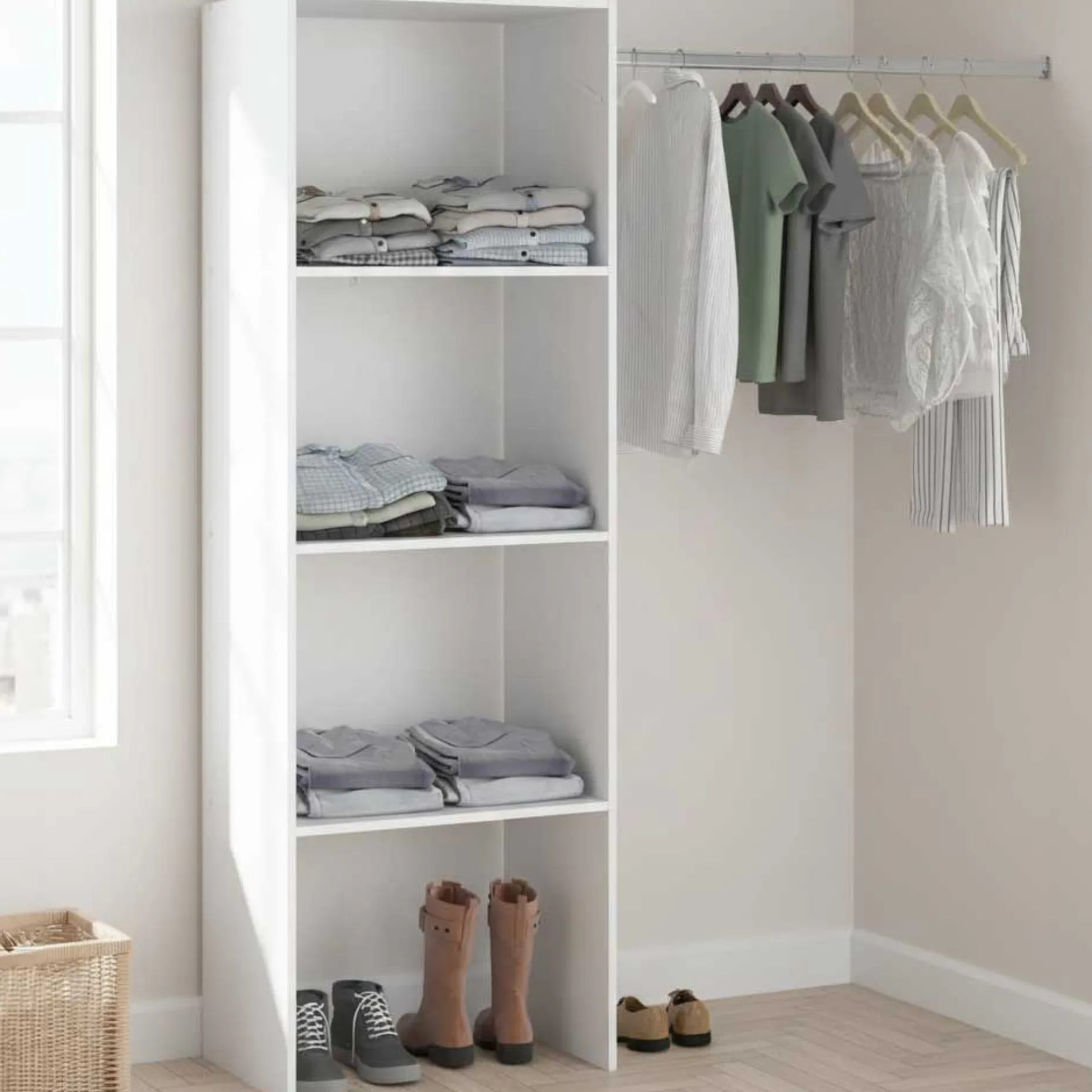 Kleiderschrank Botan B - 160cm, 3 Einlegeböden und 1 Kleiderstange - weiß
