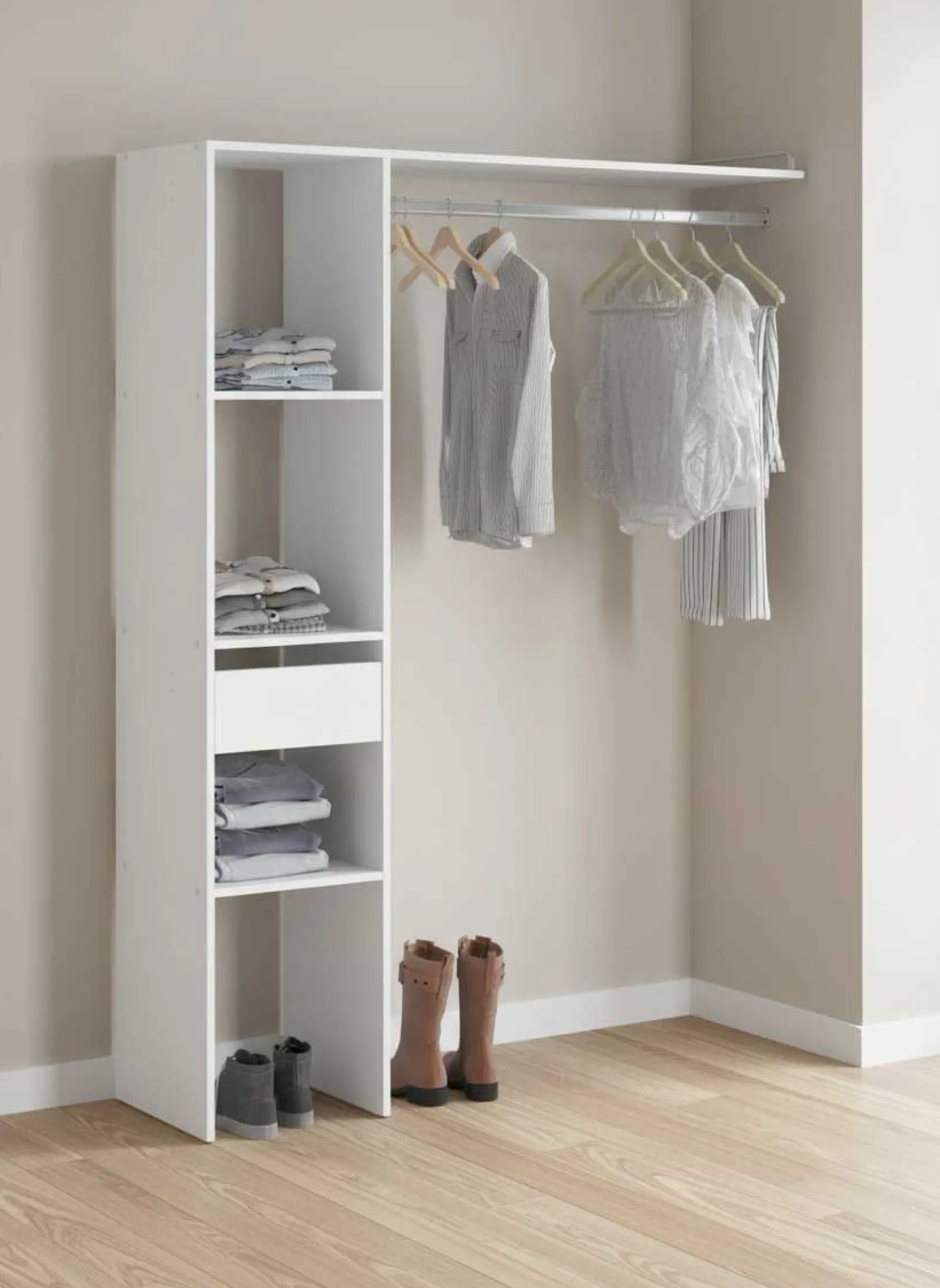 Kleiderschrank Botan C - 138cm, 1 Schublade, 3 Einlegeböden und 1 Kleiderstange - weiß