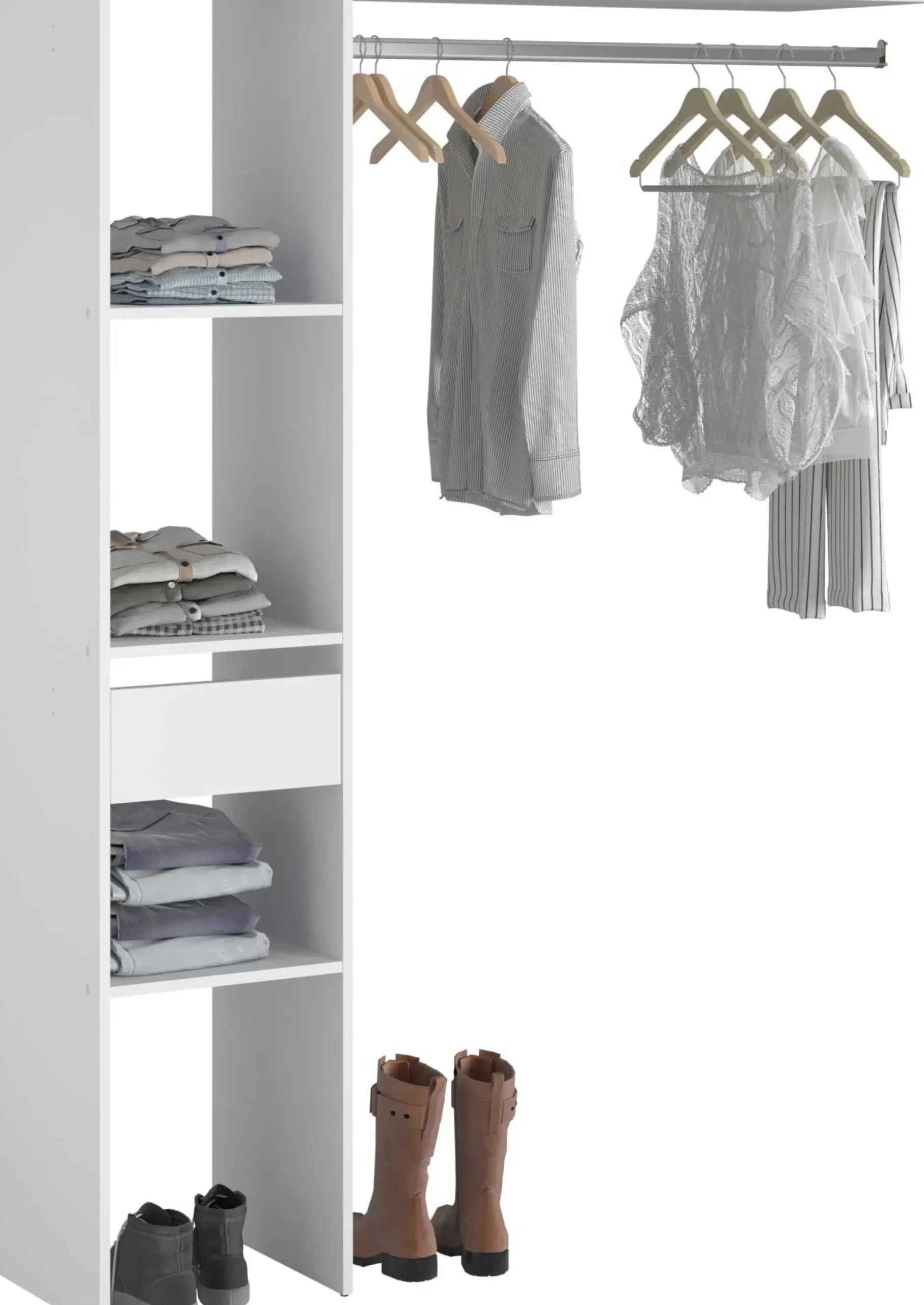 Kleiderschrank Botan C - 138cm, 1 Schublade, 3 Einlegeböden und 1 Kleiderstange - weiß